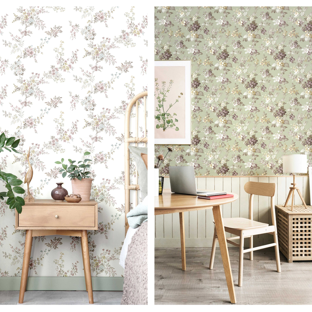 Floral wallpaper with a wooden side table and ladder, and a desk with a chair and laptop.