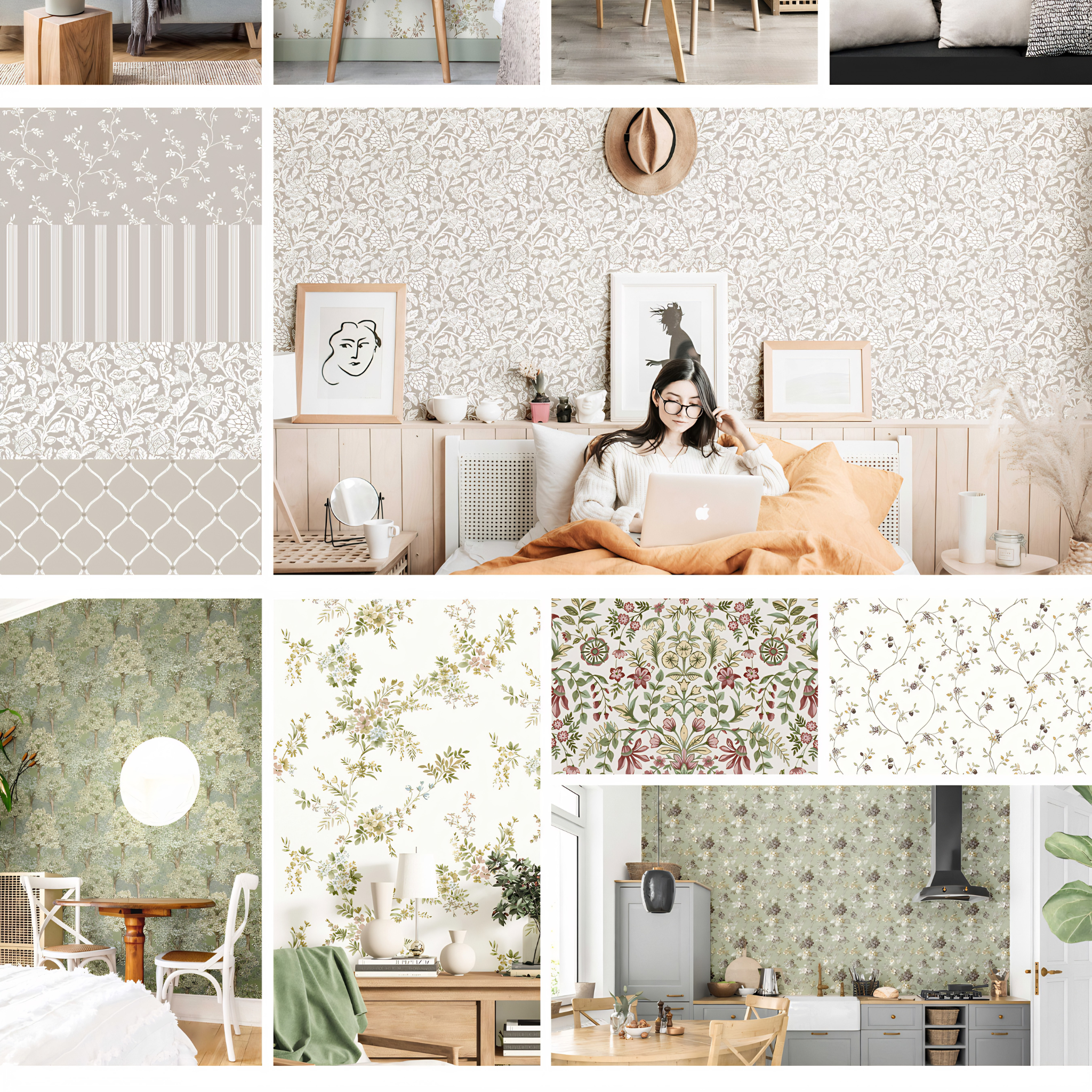 Collage of various wallpaper patterns and room settings.