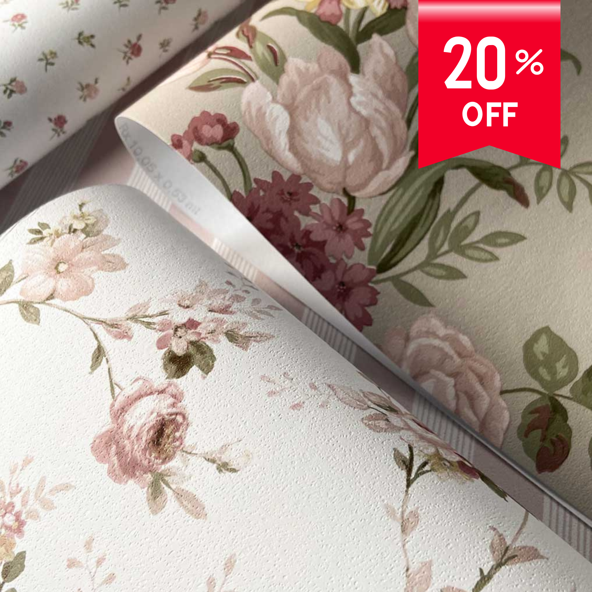 Floral wallpaper with a 20% off label