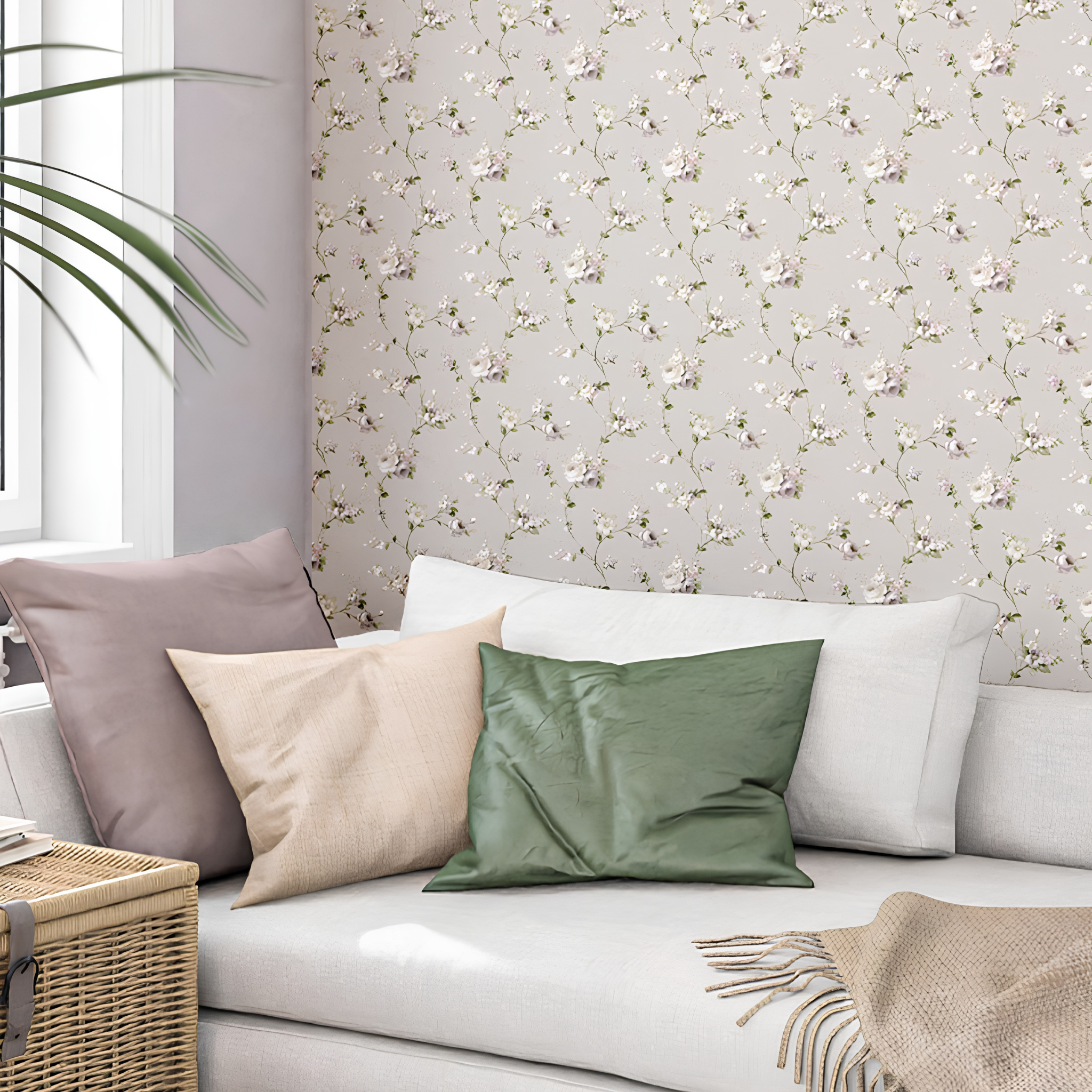 Decorative pillows on a sofa with floral wallpaper in the background