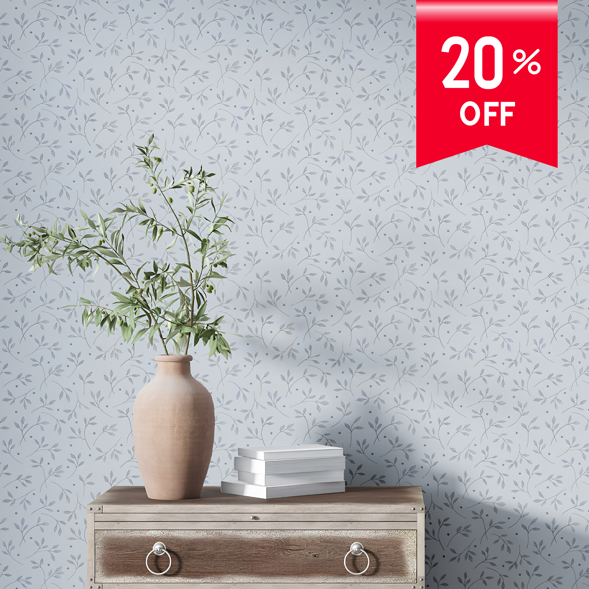 Wallpaper with subtle floral pattern, wooden cabinet with vase and books, and a red discount banner.