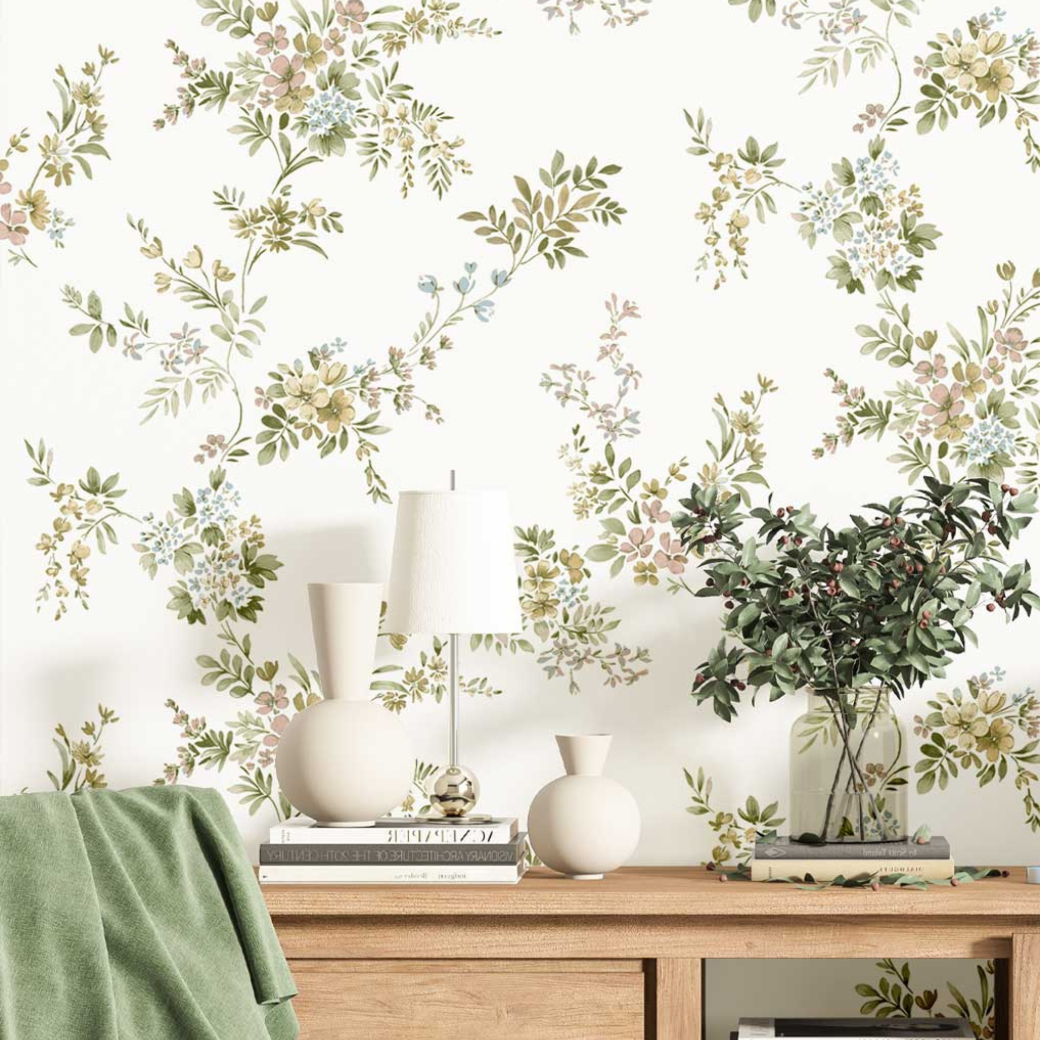 Floral wallpaper with a wooden desk and decorative items.