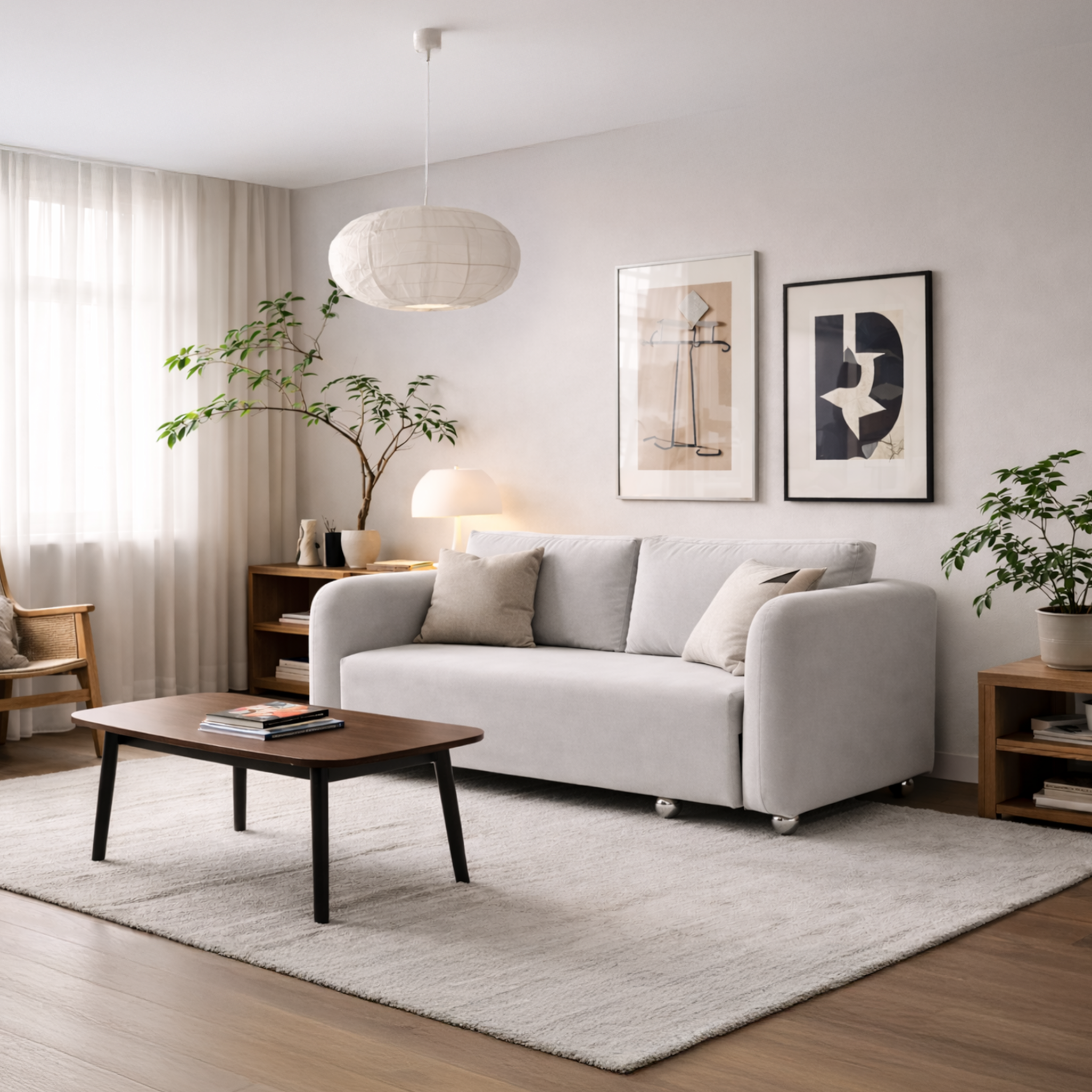 Modern living room with a gray sofa, wooden coffee table, and decorative elements.