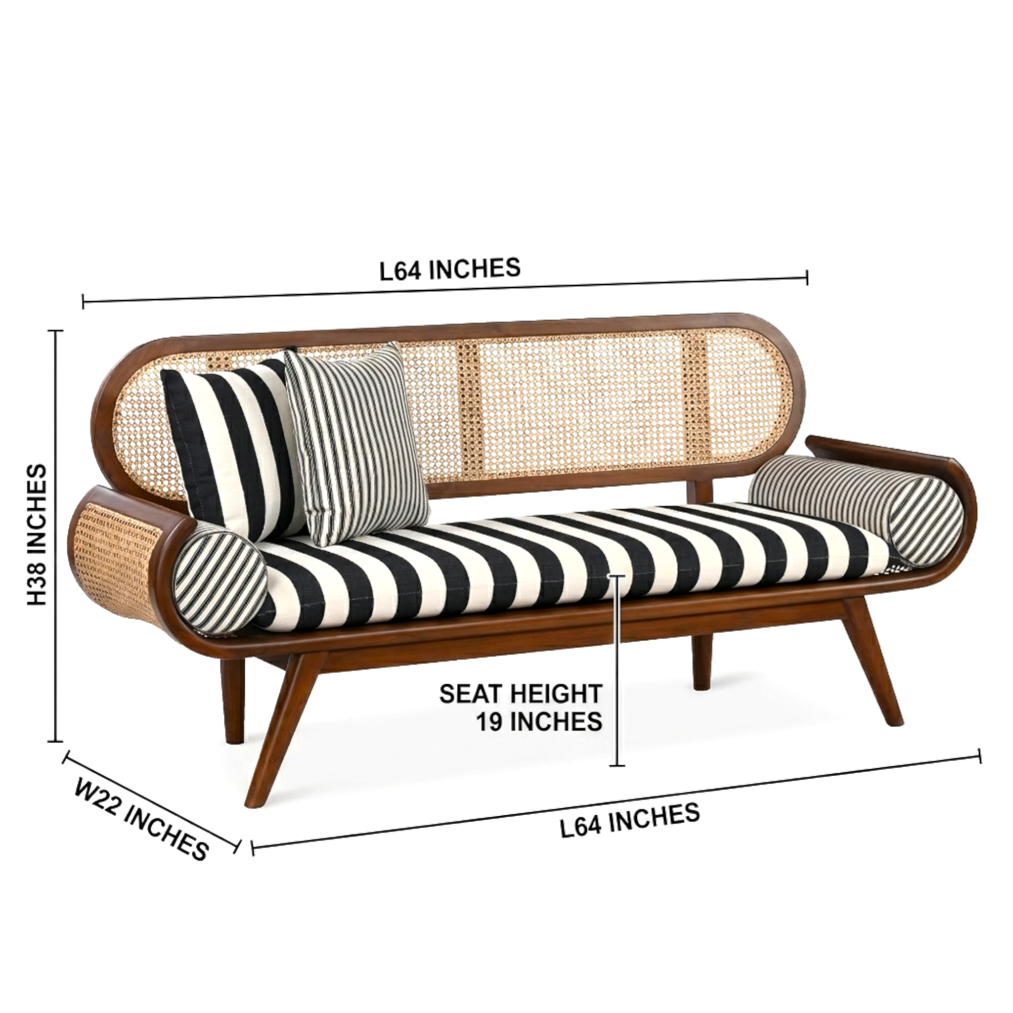 Dimensions of a wicker bench with striped cushions on a white background