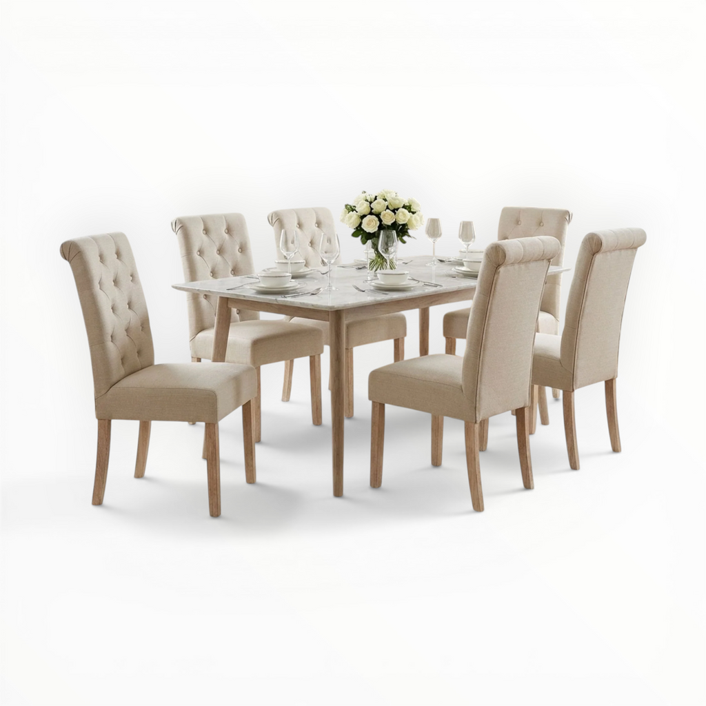 Dining table set with beige chairs on a white background