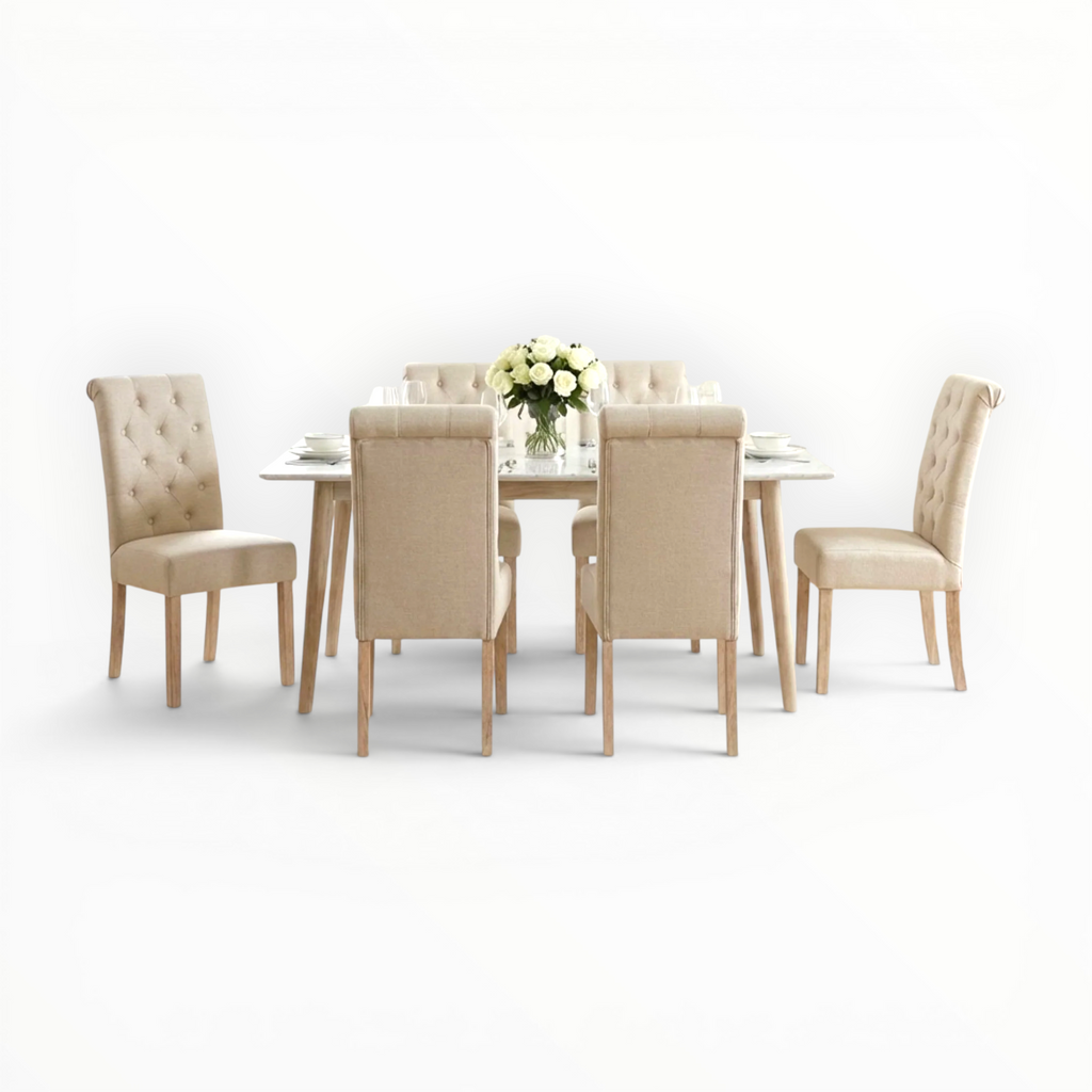 Dining table set with beige chairs on a white background