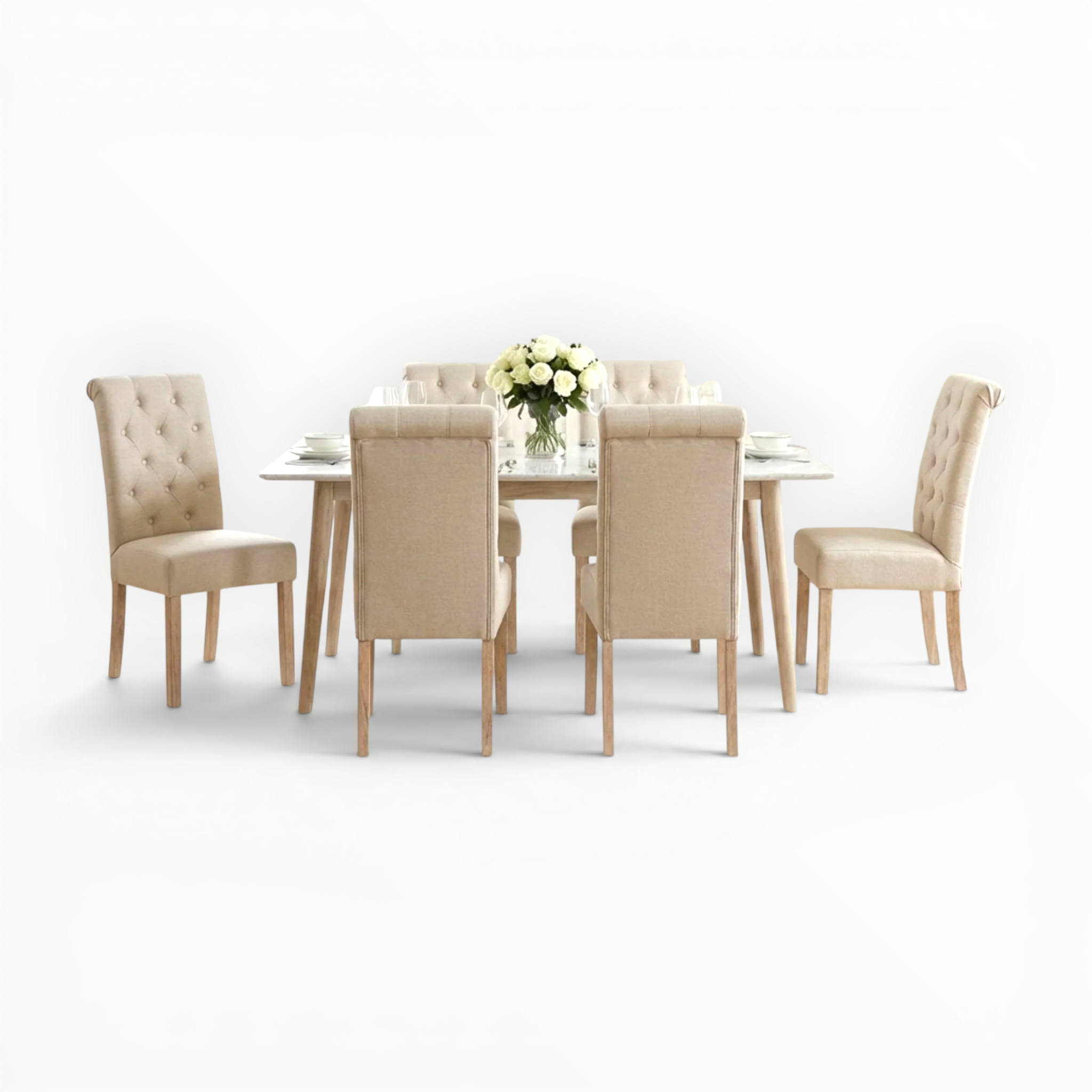 Dining table set with beige chairs on a white background