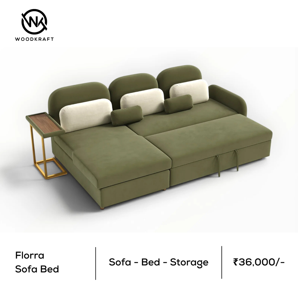 Florra 3 Seater Sofa Cum Bed with Storage & Side Table