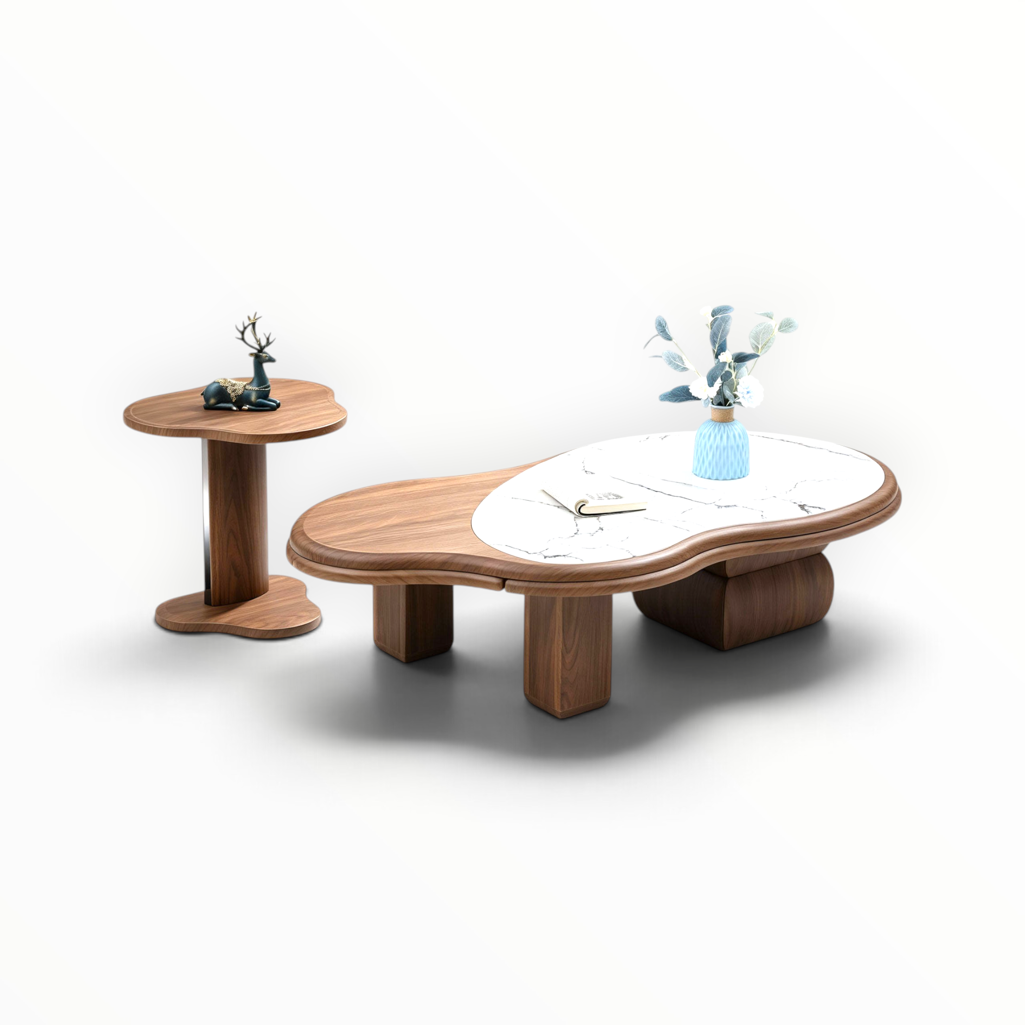 Fluid solid wood coffee table and side table set dimensions – cloud-form walnut finish with inset faux marble top – Woodkraft Studio Hyderabad
