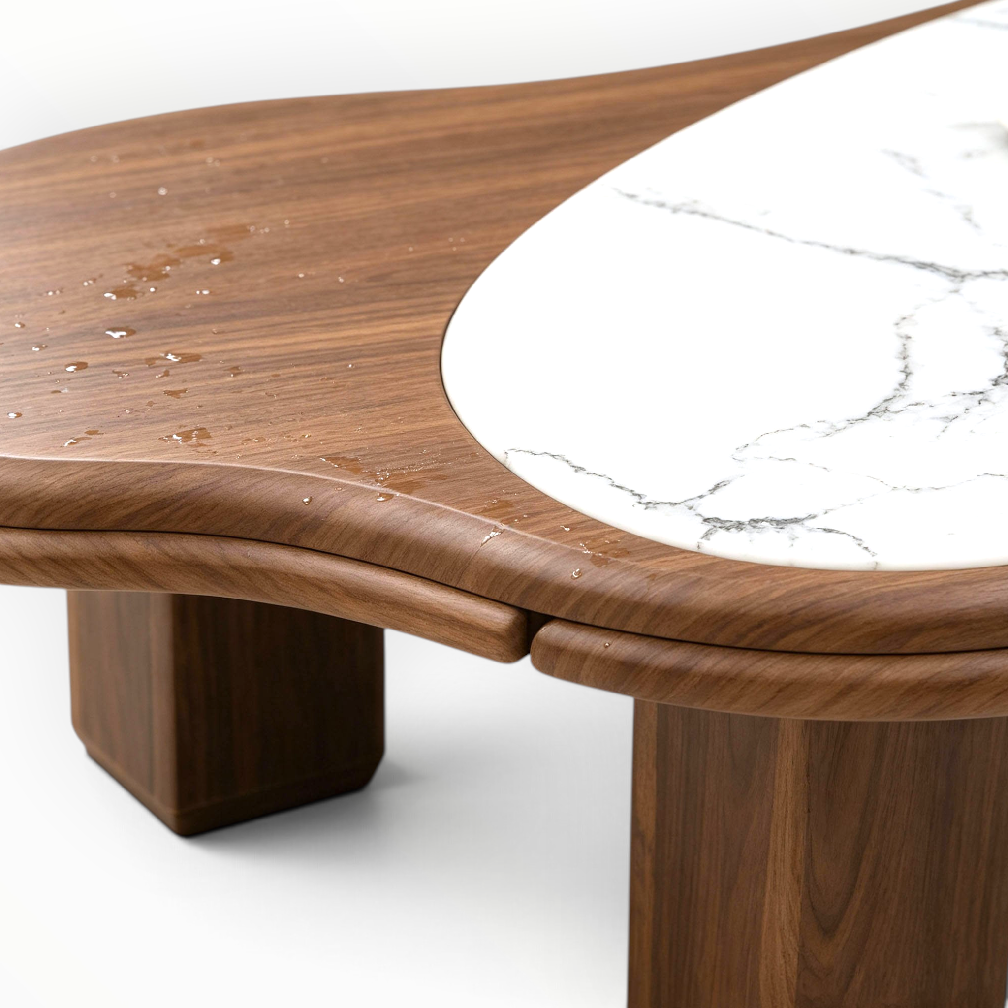 Fluid coffee table close-up showing inset white faux marble centre panel with grey veining and waterproof solid wood walnut border – Woodkraft Studio