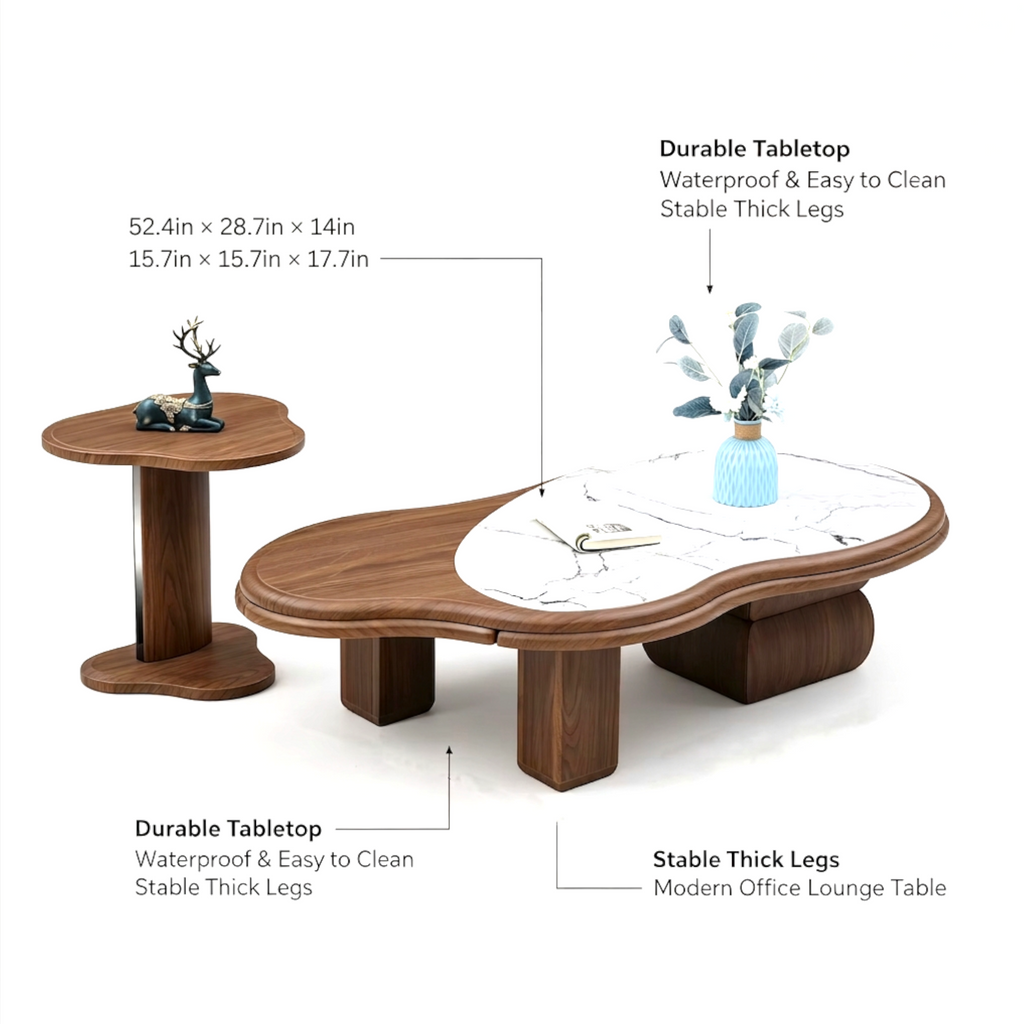Fluid solid wood cloud-form coffee table and side table set in walnut finish with faux marble top – Woodkraft Studio Hyderabad