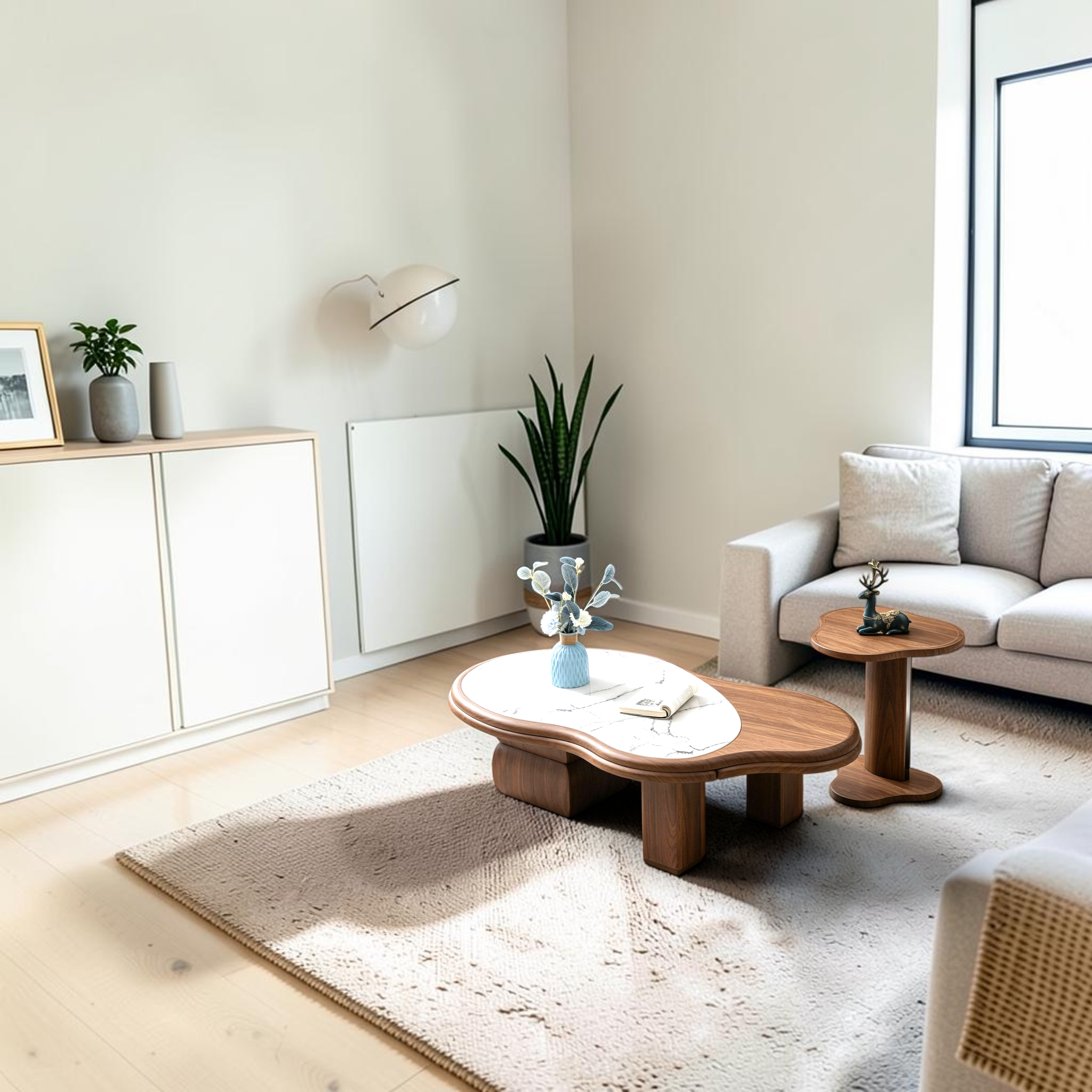 Fluid coffee table and side table set styled in modern Japandi living room with grey sofa and light wood floor – Woodkraft Studio Hyderabad