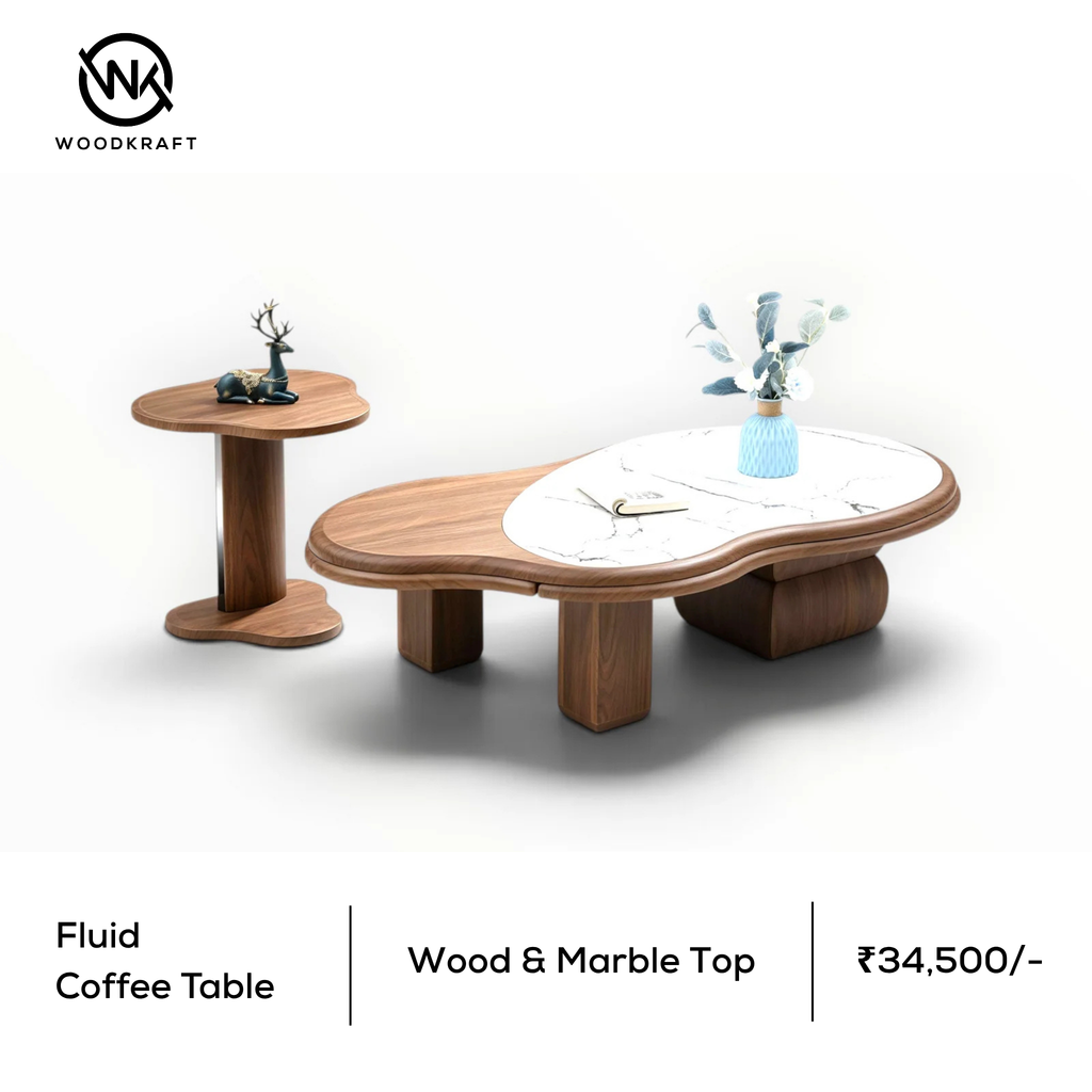 Fluid Solid Wood & Faux Marble Coffee Table & Side Table Set | Woodkraft Studio