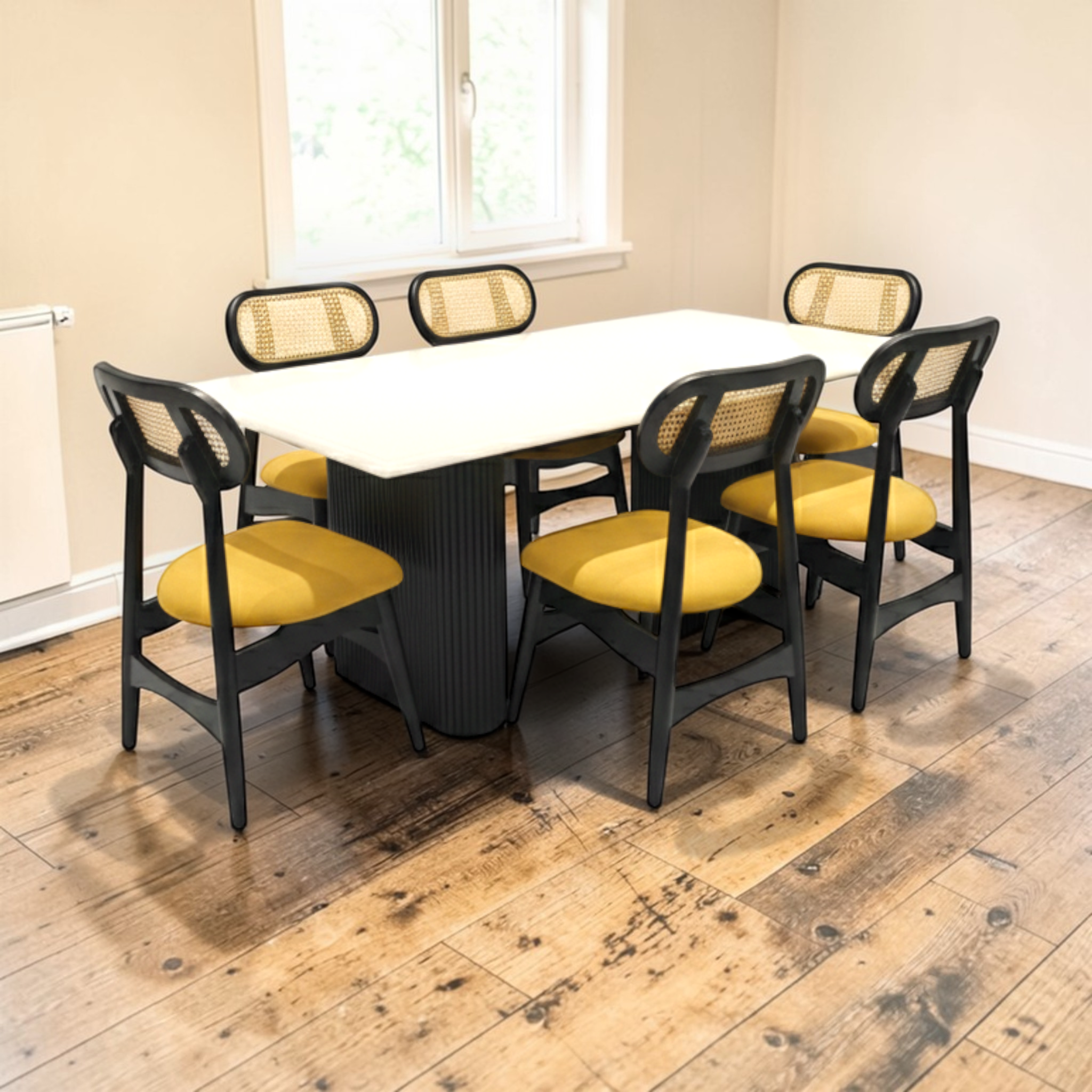 Dining table with six chairs on a wooden floor in a room with a window.