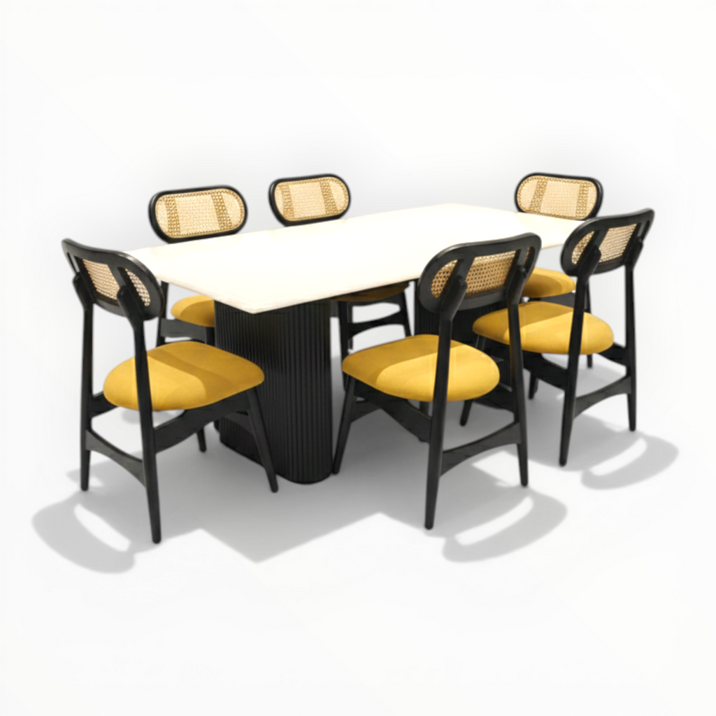 Table with six chairs on a white background
