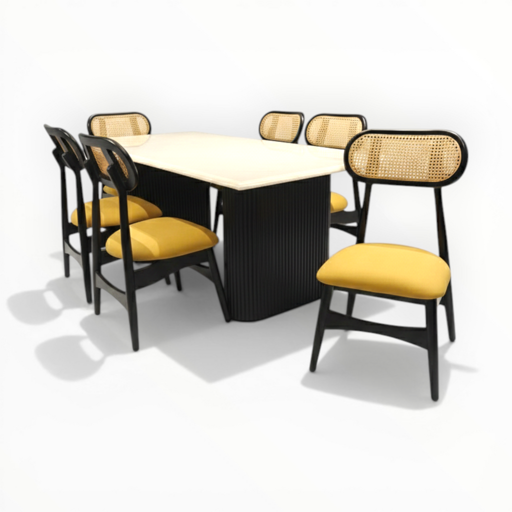 Dining table set with black frames and yellow cushioned chairs on a white background