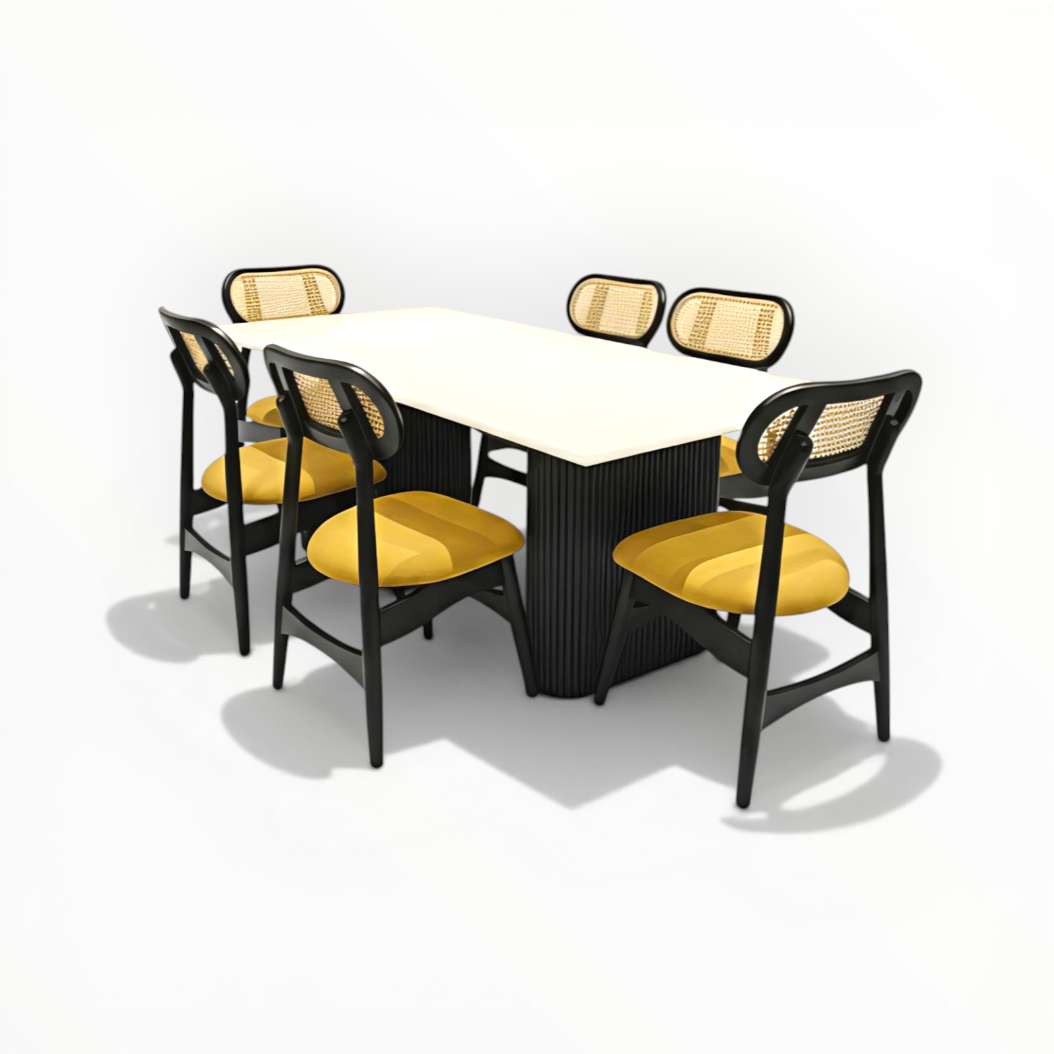 Outdoor dining set with a table and six chairs on a white background