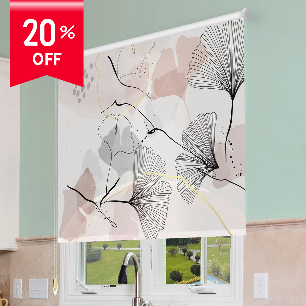 Roll-up window blind with floral design in a kitchen setting, featuring a 20% off label.
