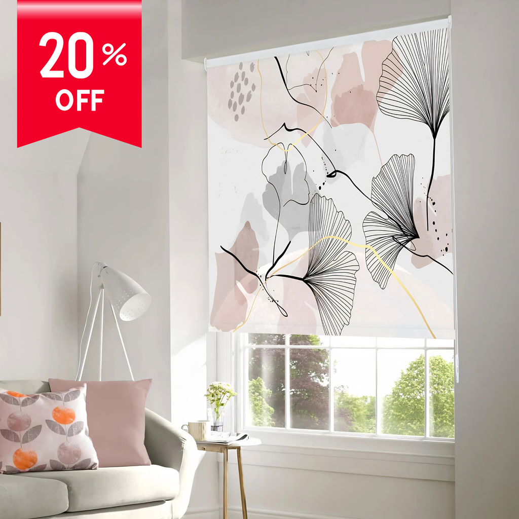 Decorative curtain with floral pattern in a living room setting, featuring a 20% off label.