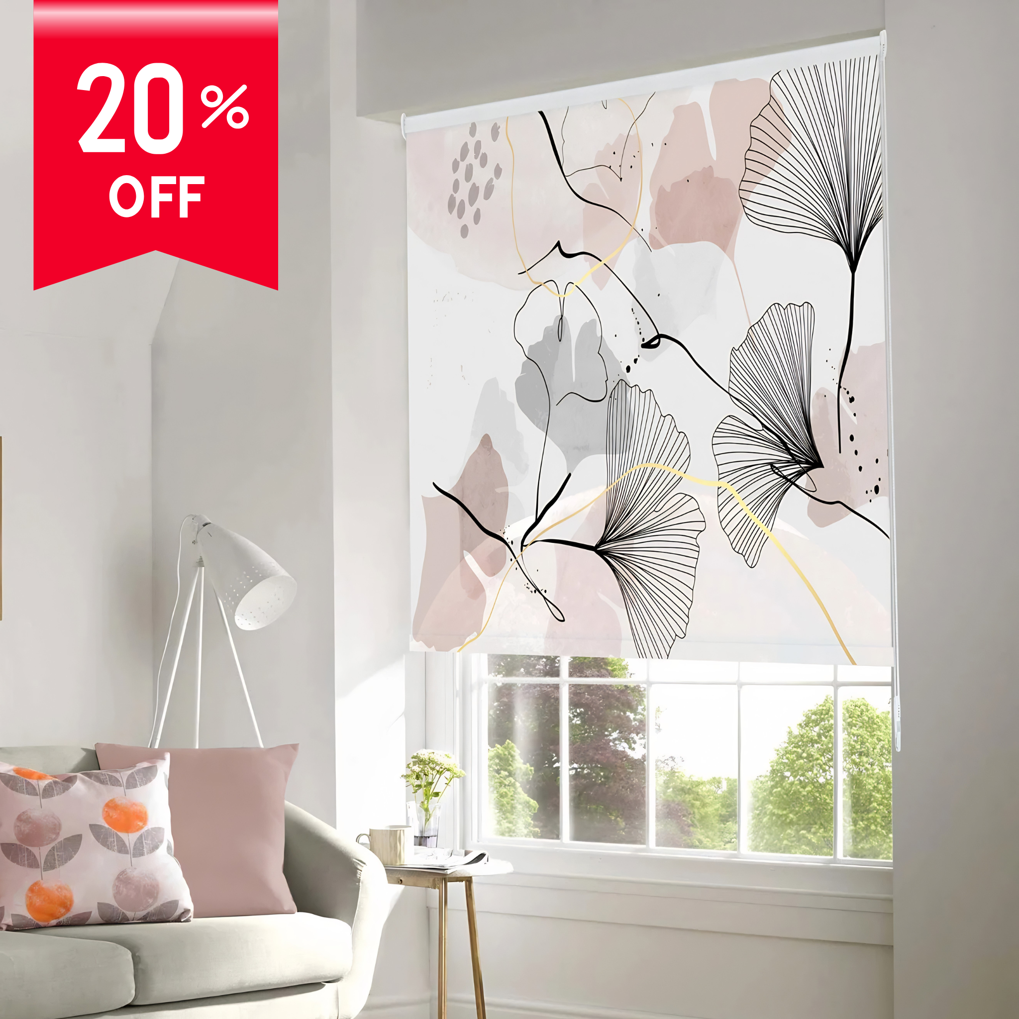 Decorative curtain with floral pattern in a living room setting, featuring a 20% off label.