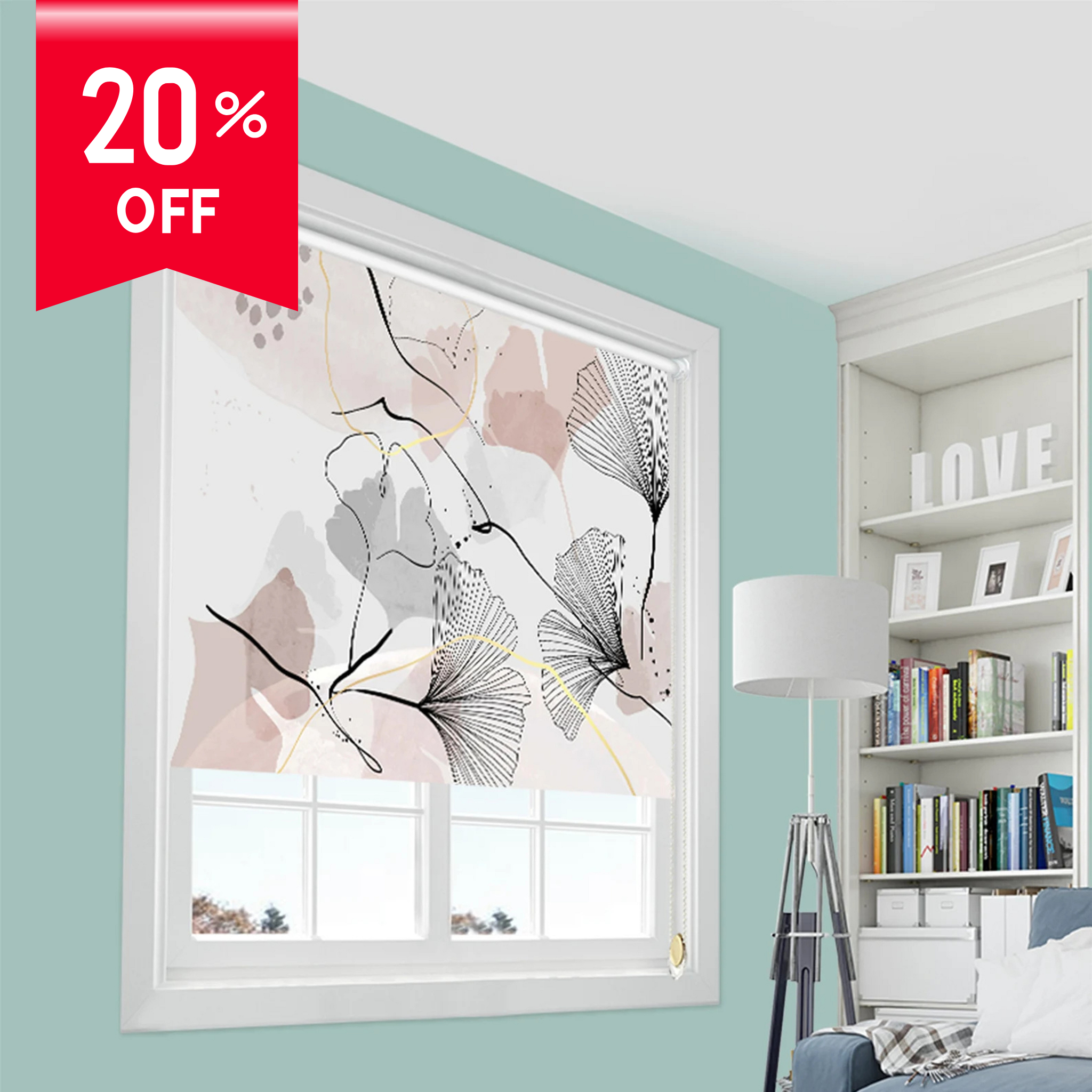 Framed abstract art on a wall with a bookshelf and lamp in the background, featuring a 20% off label.