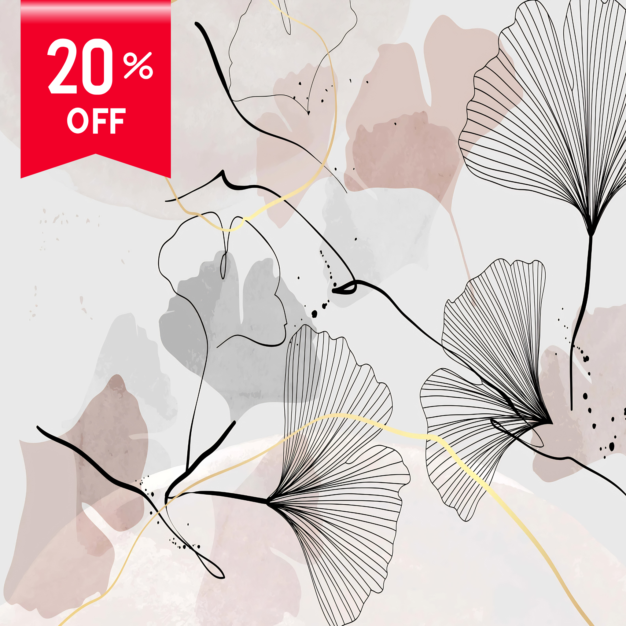 Abstract floral design with 20% off text overlay on a light background