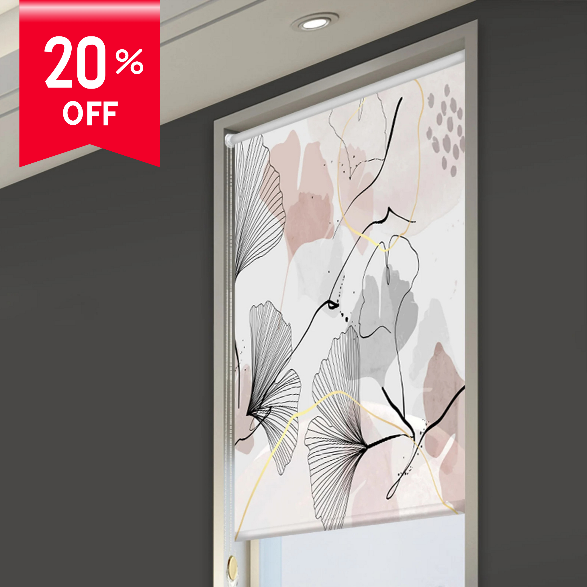 Decorative window film with abstract leaf design and 20% off label on a gray background