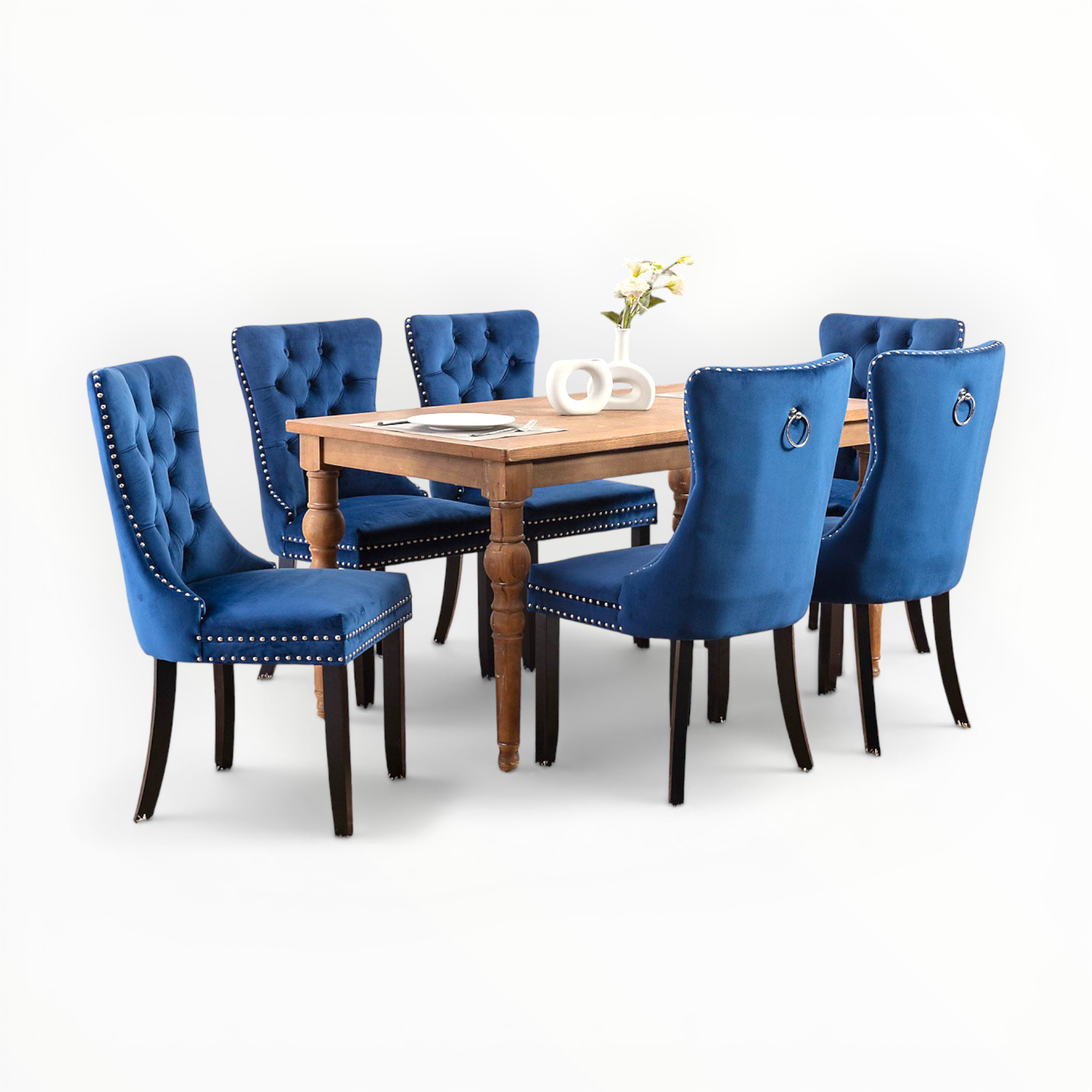 Dining table set with blue chairs on a white background