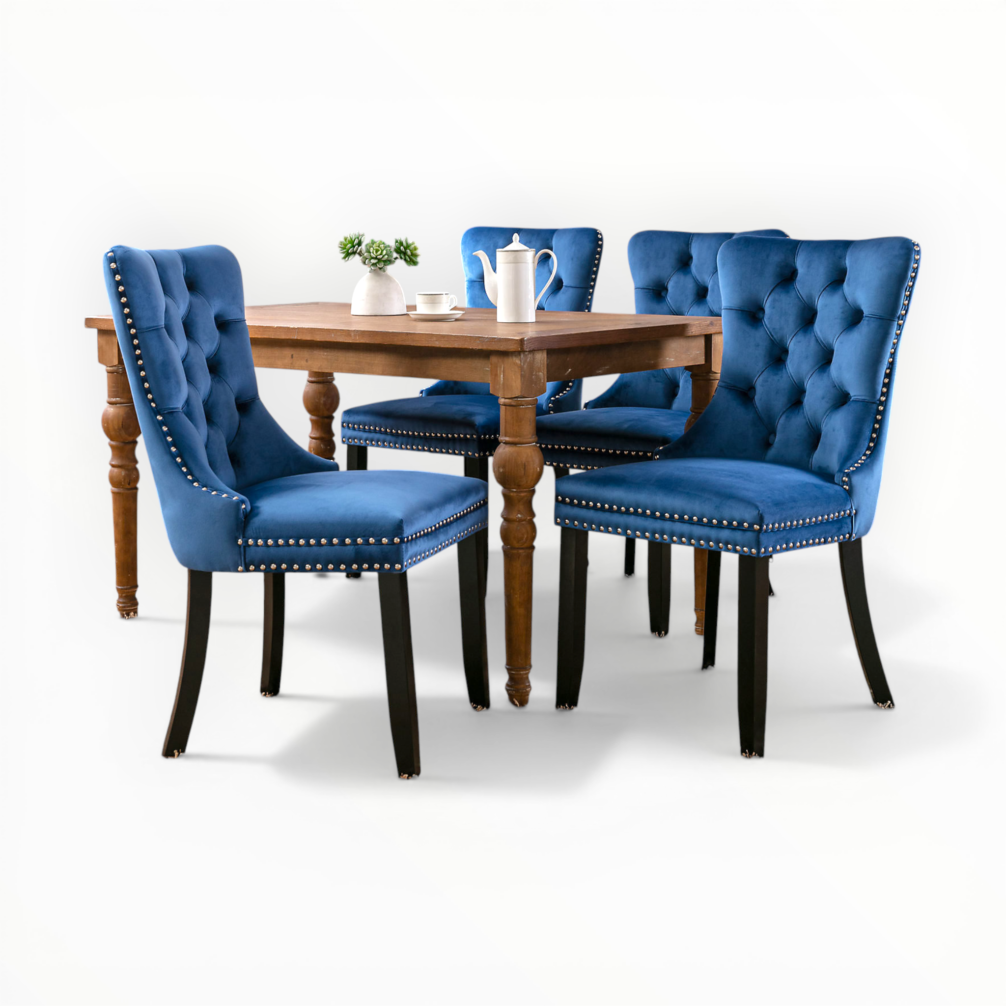 Dining table with four blue chairs on a white background