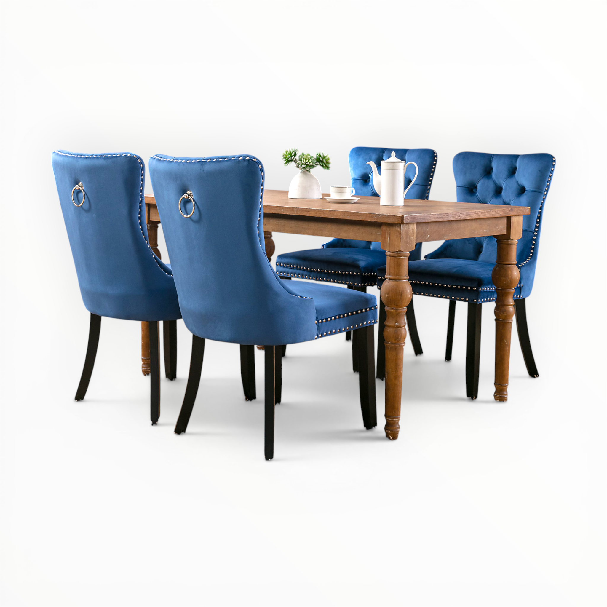 Wooden dining table with four blue chairs on a white background