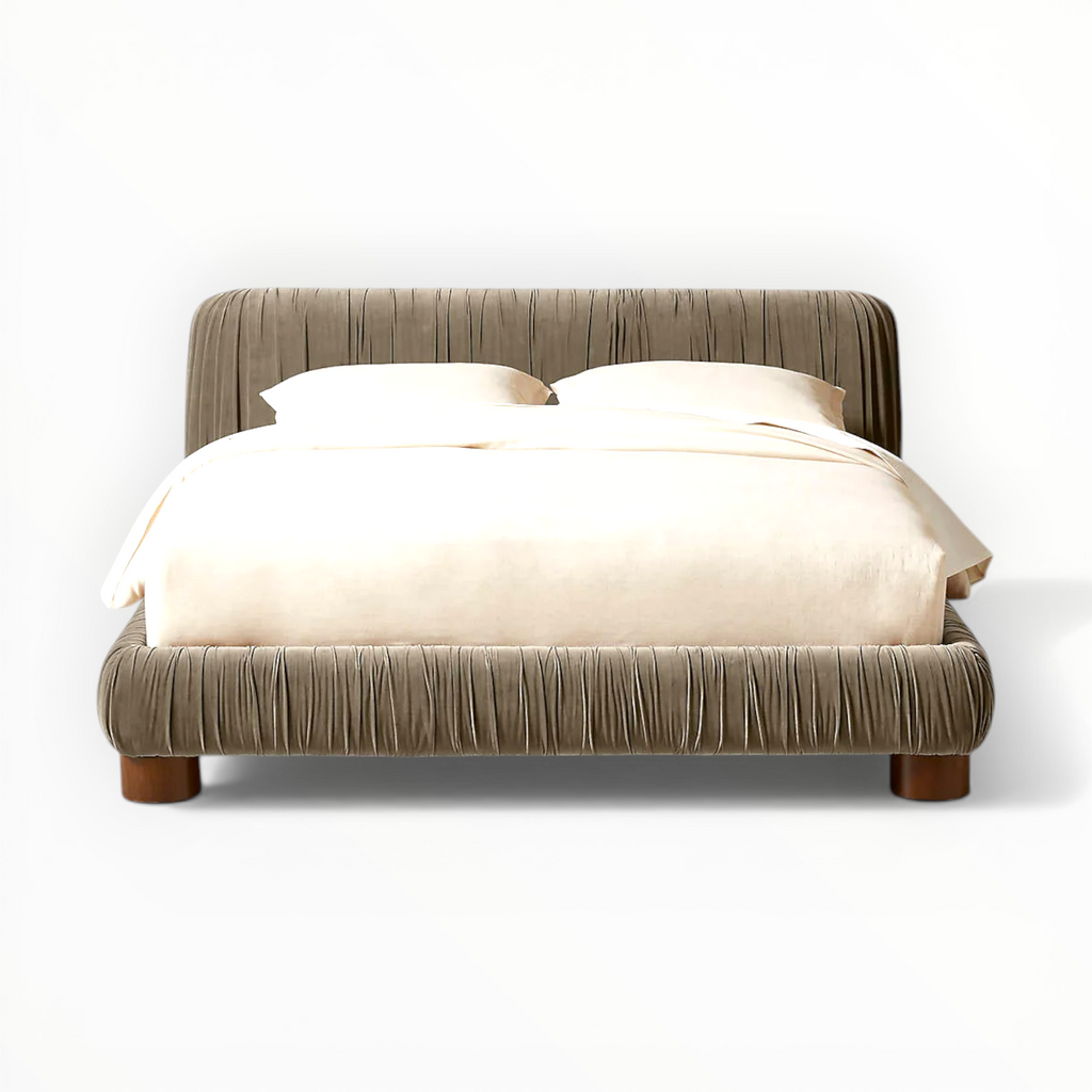 Bed with brown upholstered headboard and footboard on a white background