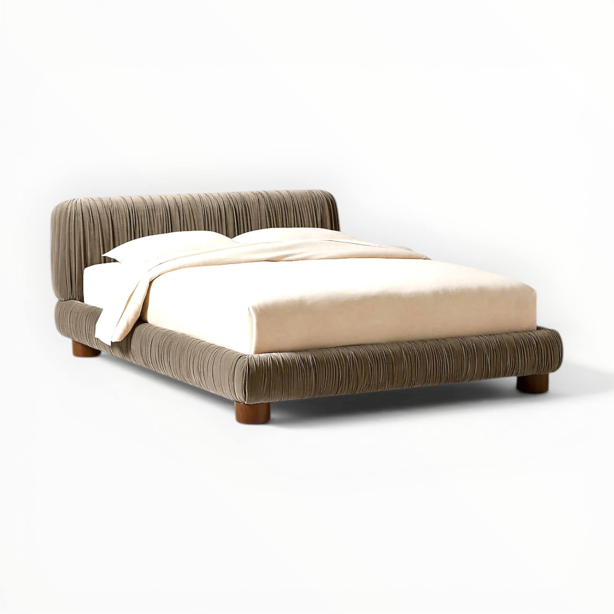 Bed with brown frame and beige bedding on a white background