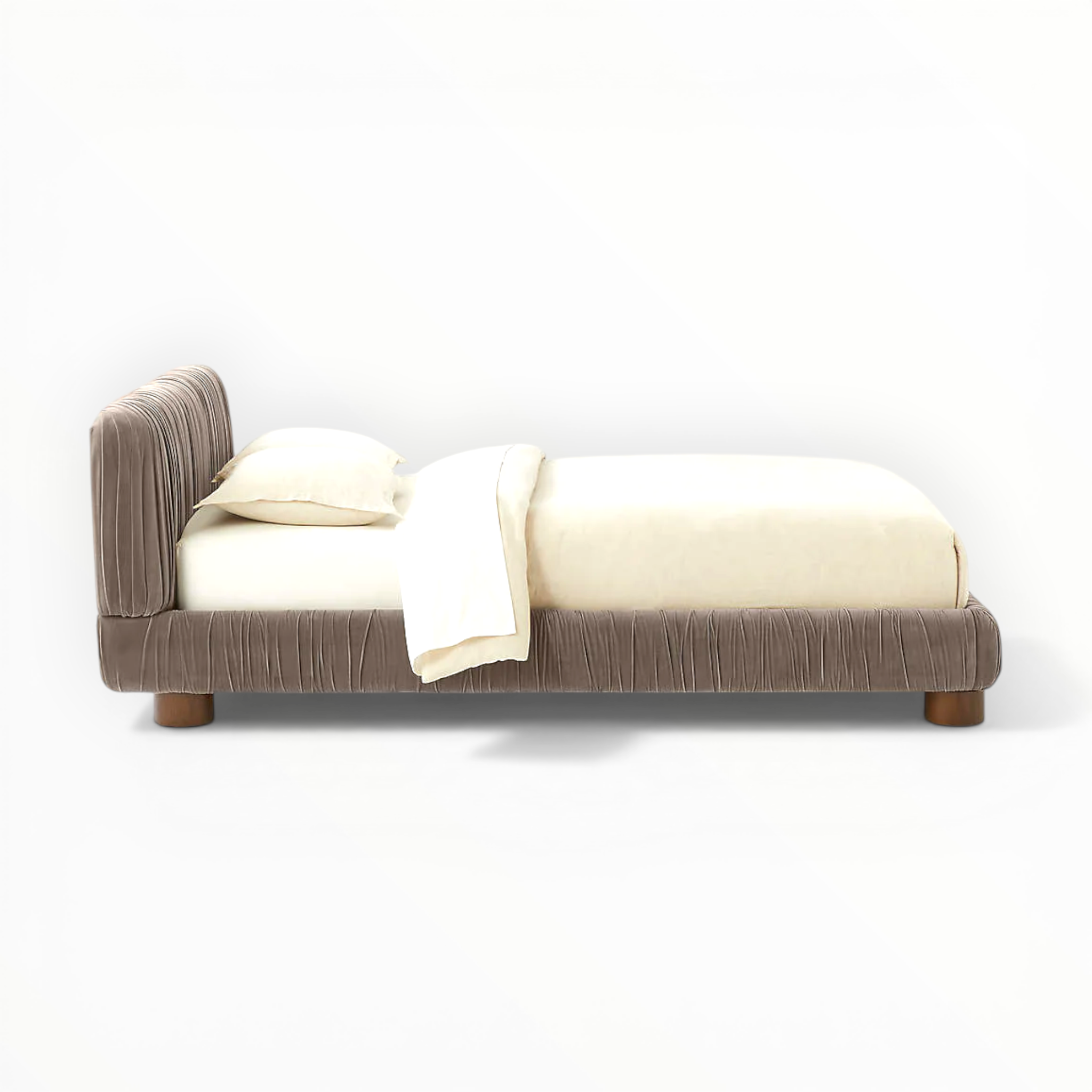 Sofa bed with brown frame and white mattress on a white background
