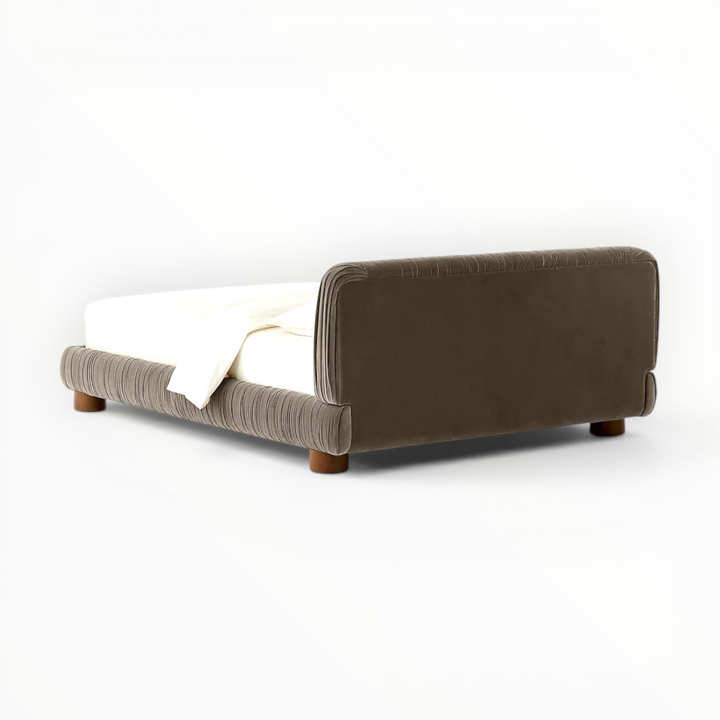 Sofa bed with brown fabric and wooden legs on a white background