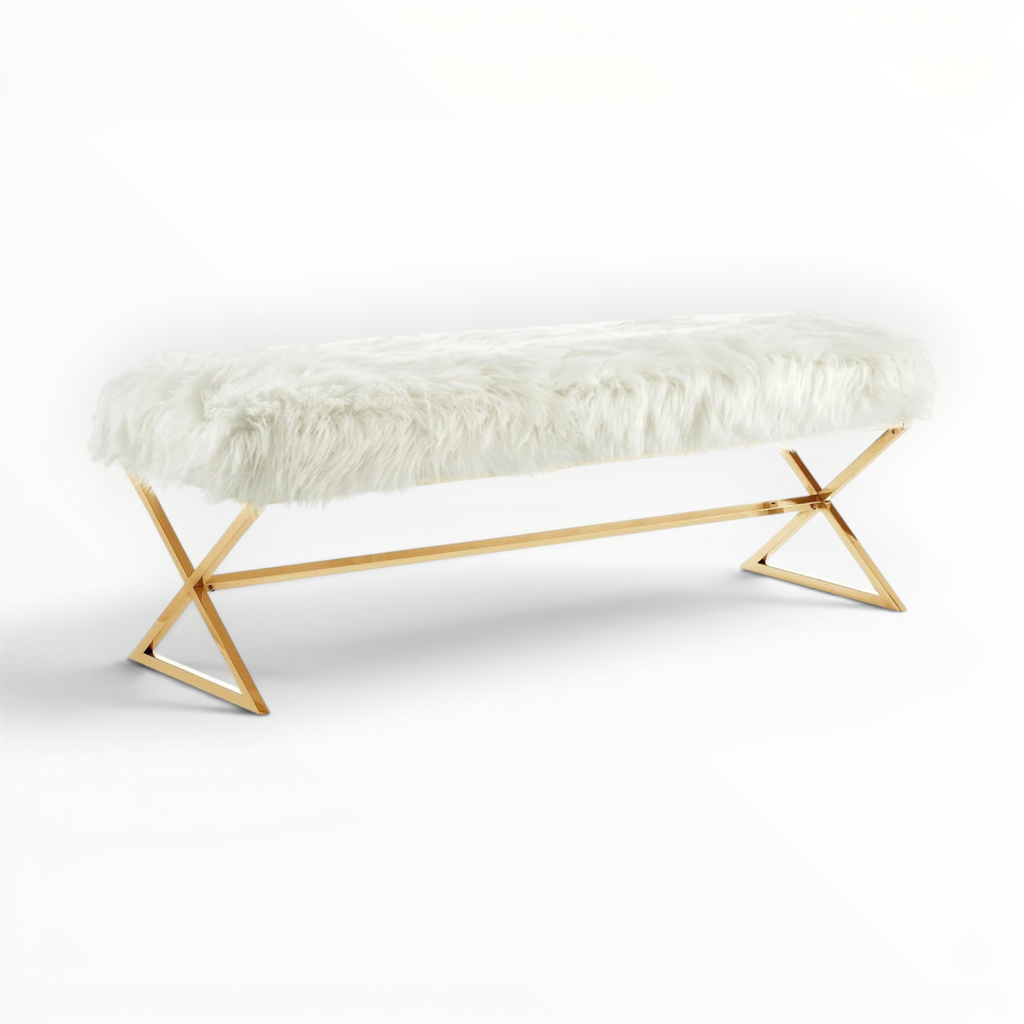 Fur-covered bench with gold metal legs on a white background