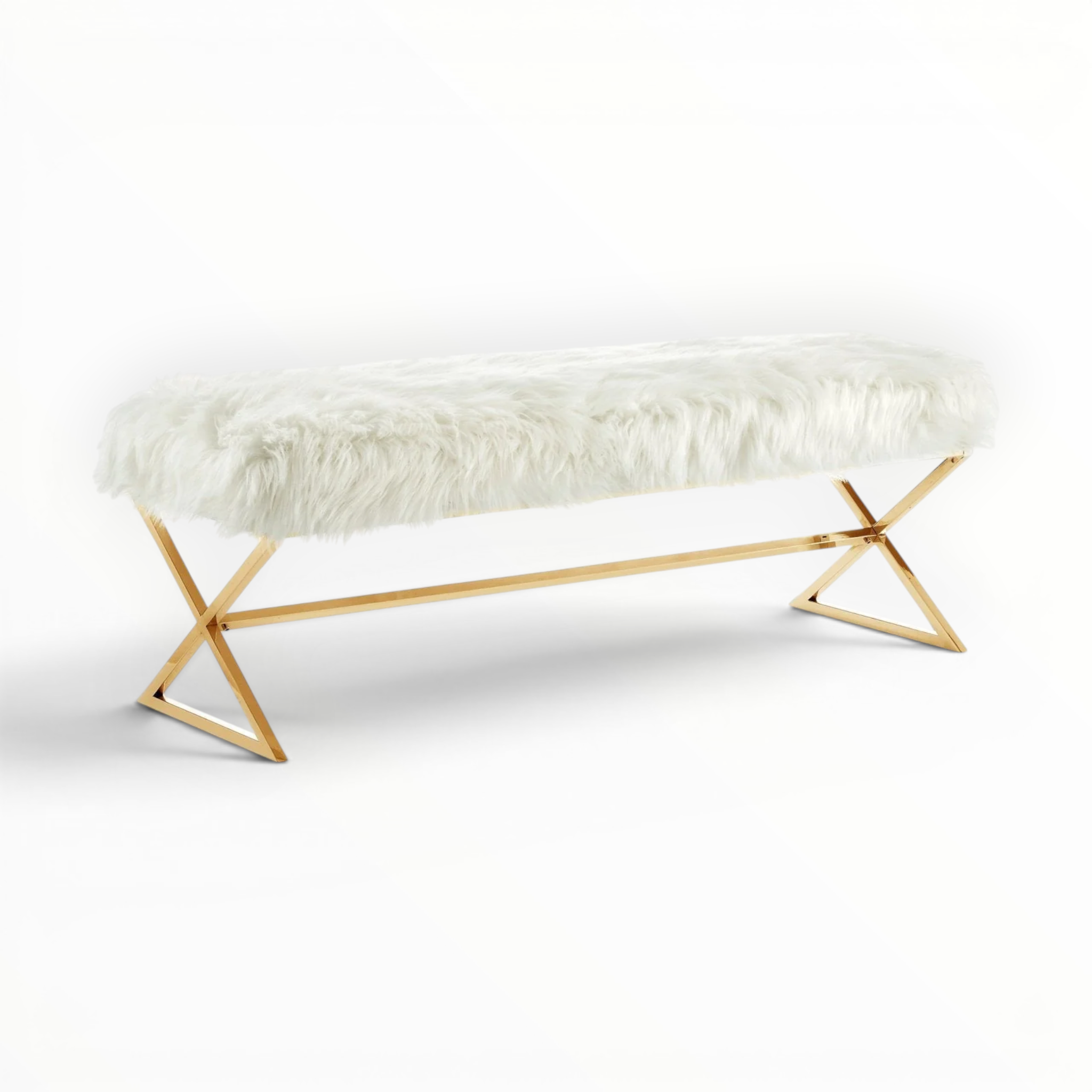 Fur-covered bench with gold metal legs on a white background