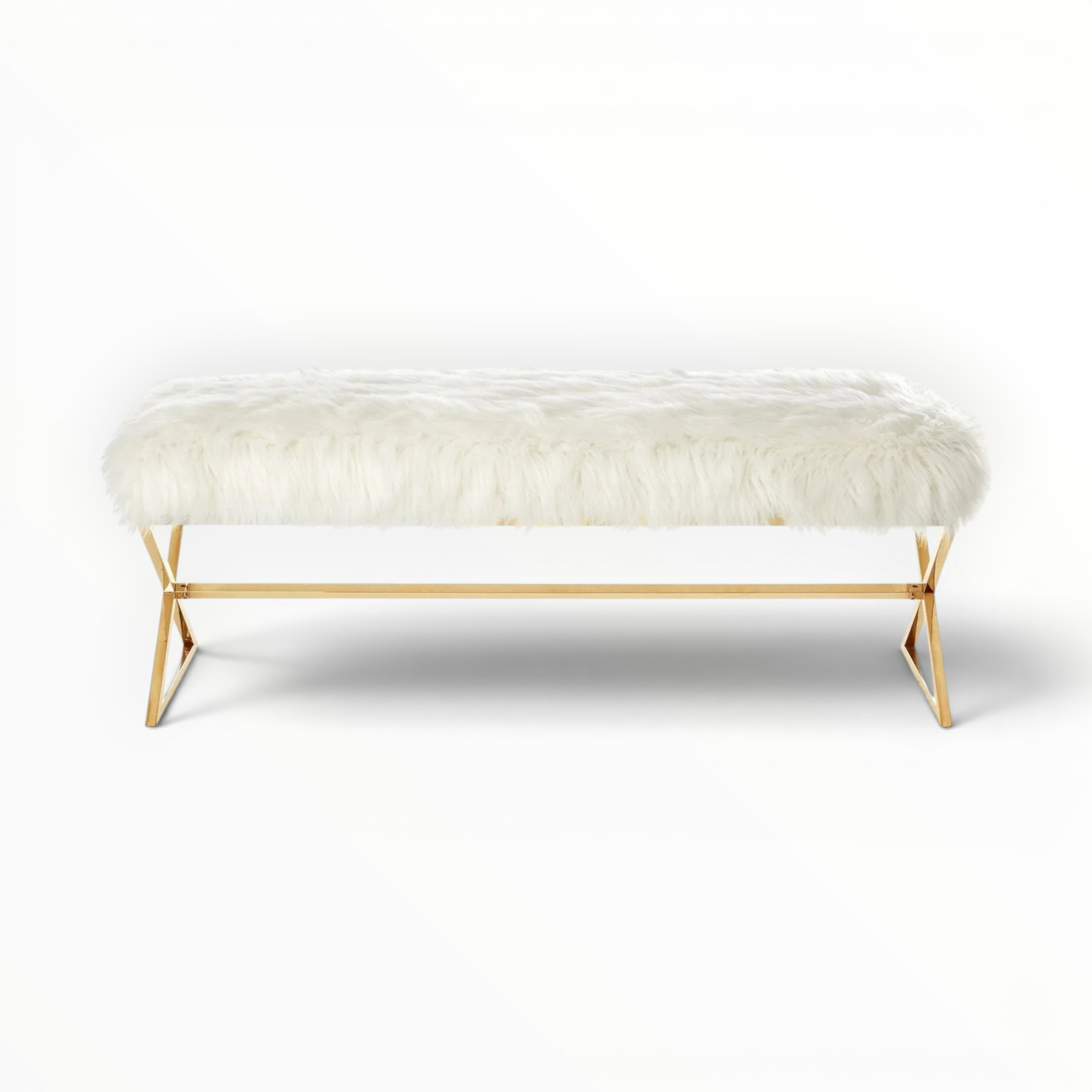 Bench with white fur cushion and gold metal frame on a white background