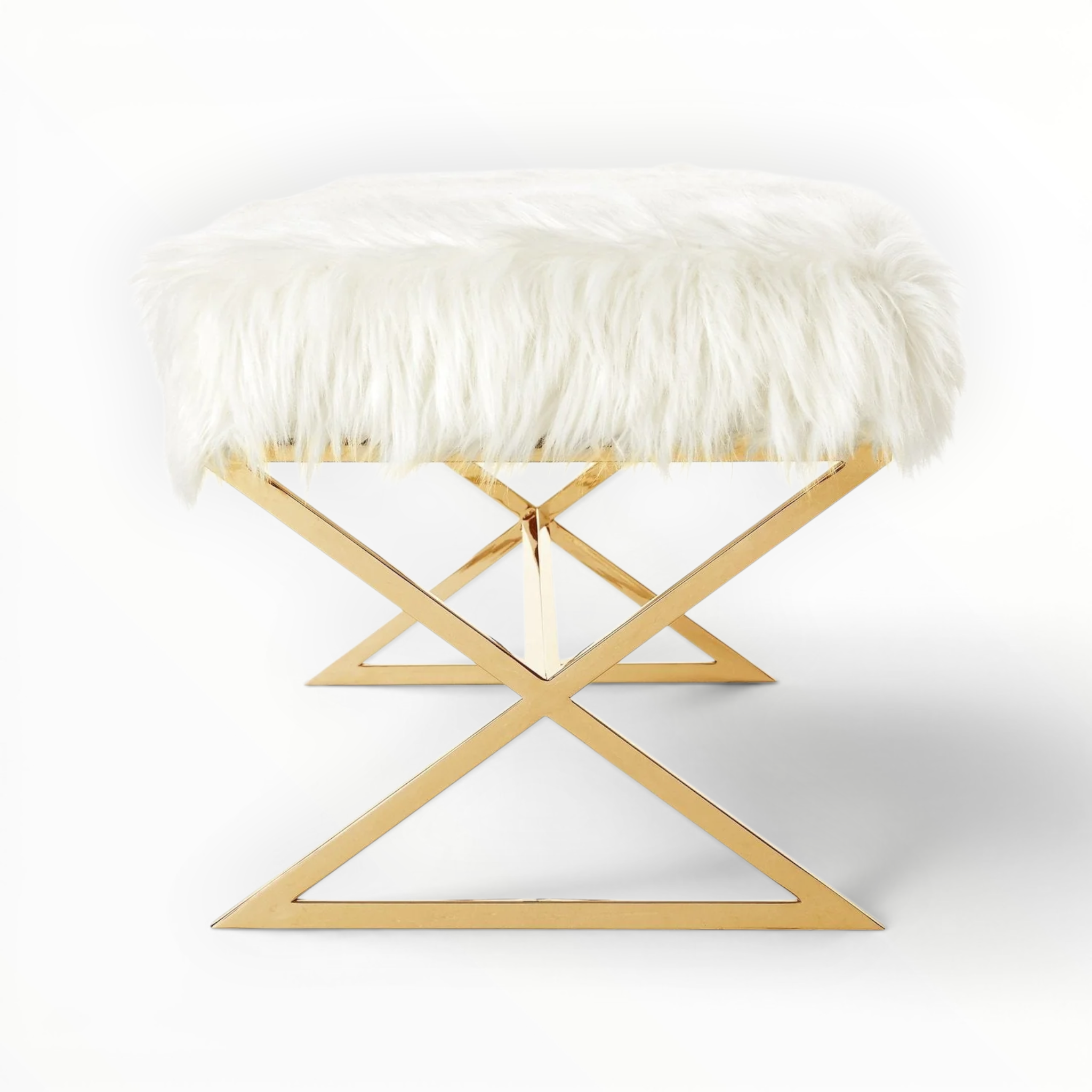 Fur-stuffed ottoman with gold geometric frame on a white background