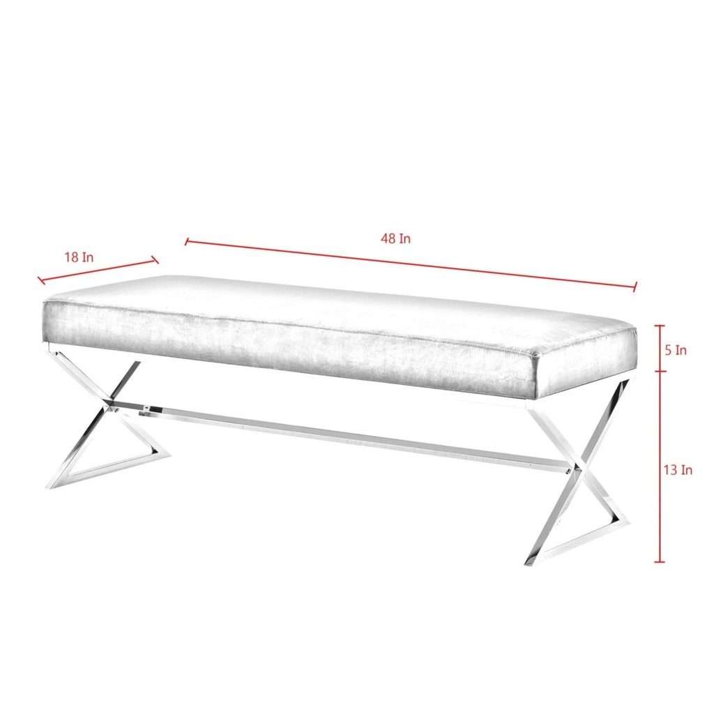 White bench with dimensions labeled on a white background