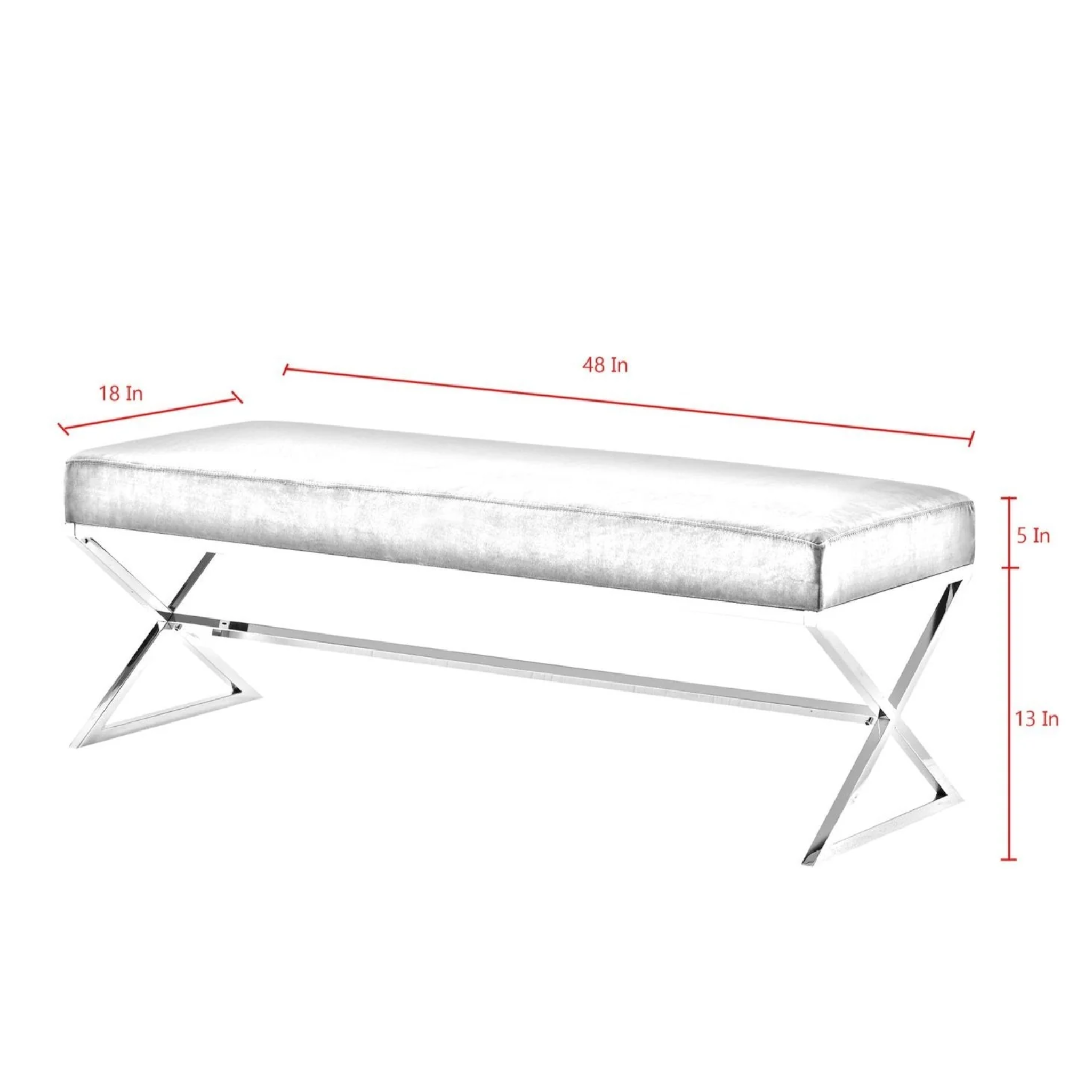 White bench with dimensions labeled on a white background