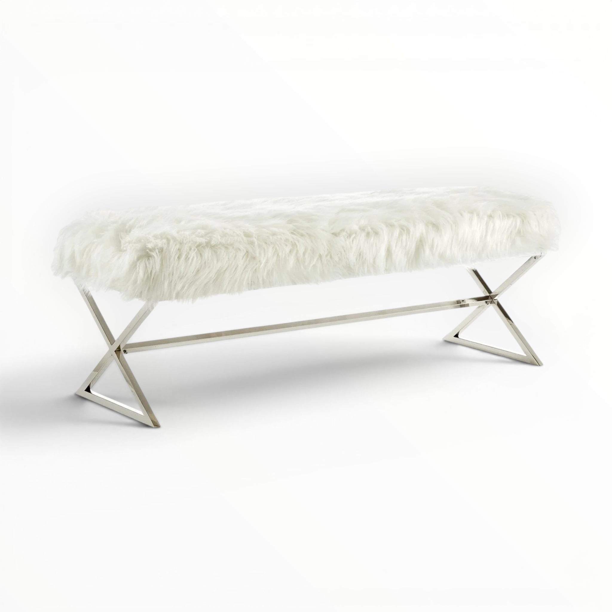 Modern coffee table with white fur top and metal base on a white background