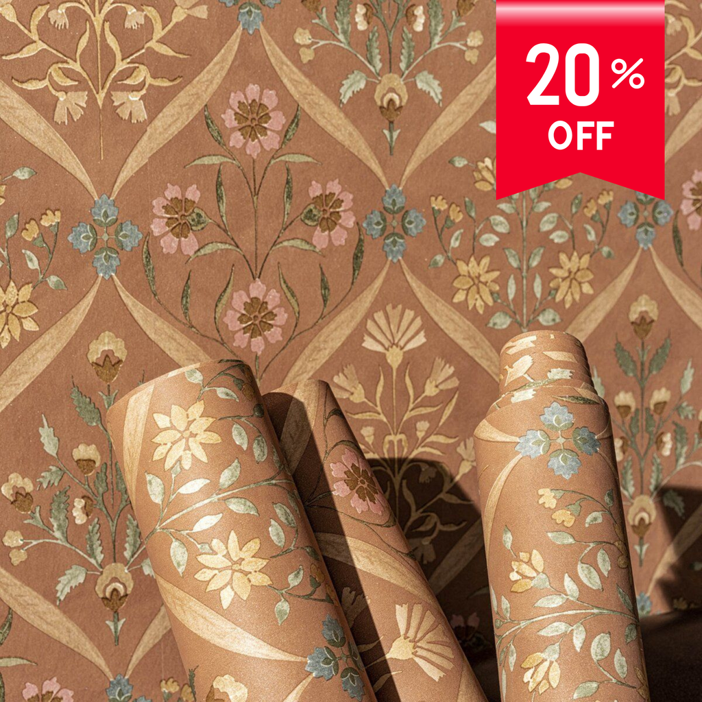 Decorative wallpaper with floral pattern and 20% off label