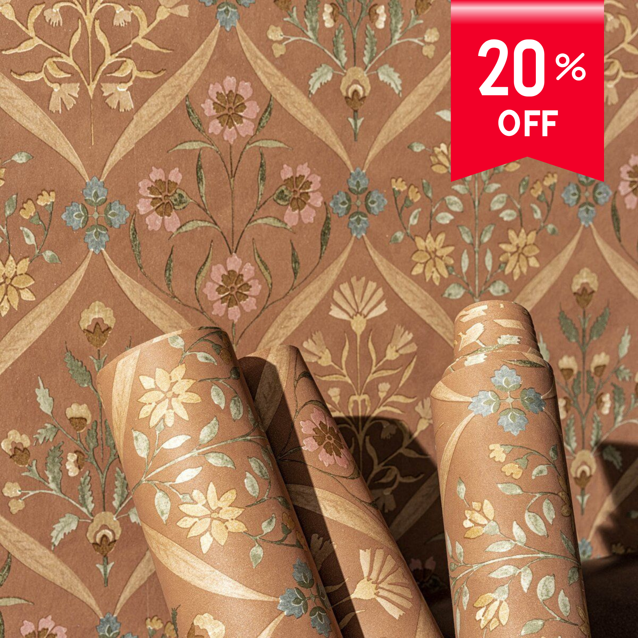 Decorative wallpaper with floral pattern and 20% off label