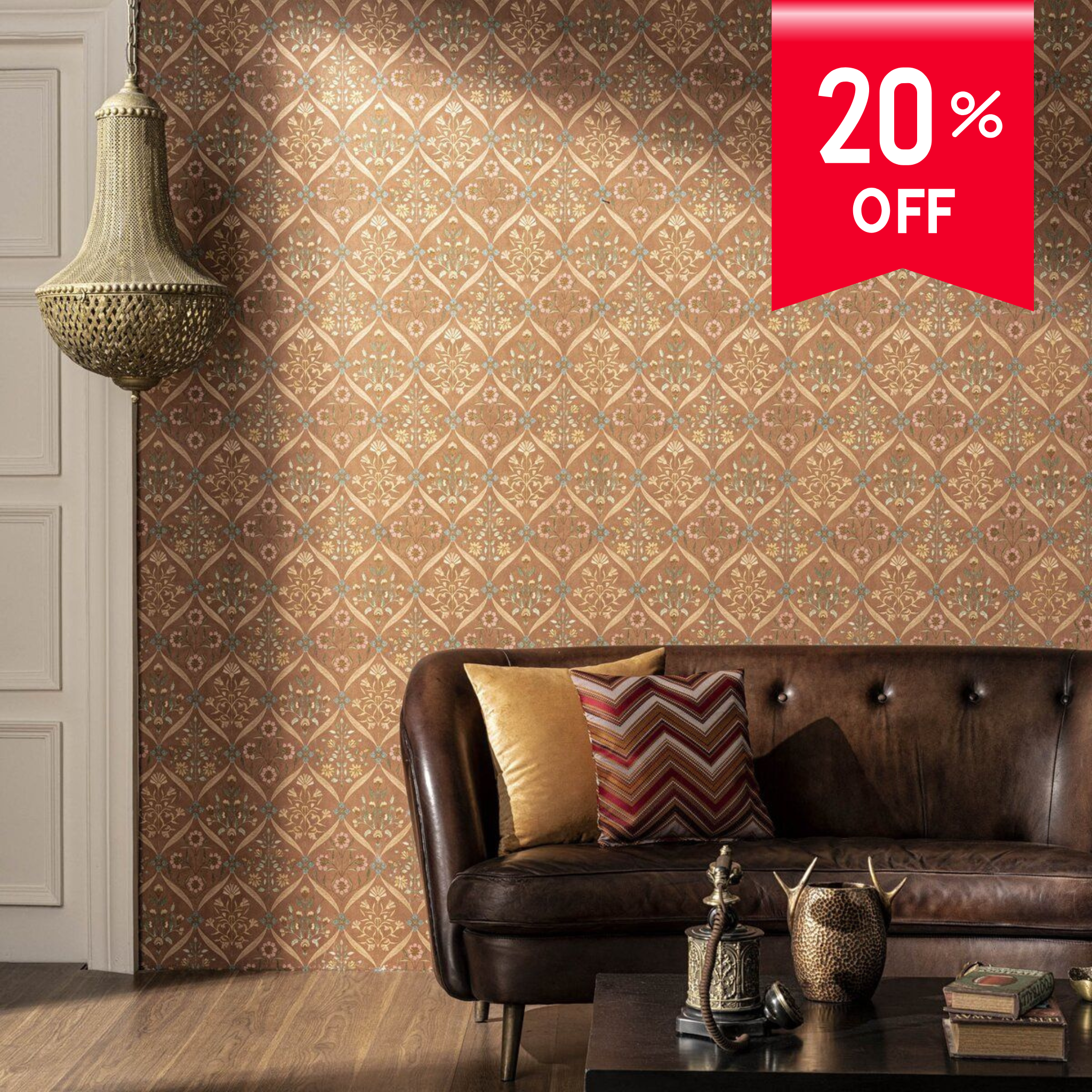 Living room with patterned wallpaper, brown sofa, and decorative elements with a 20% off label.