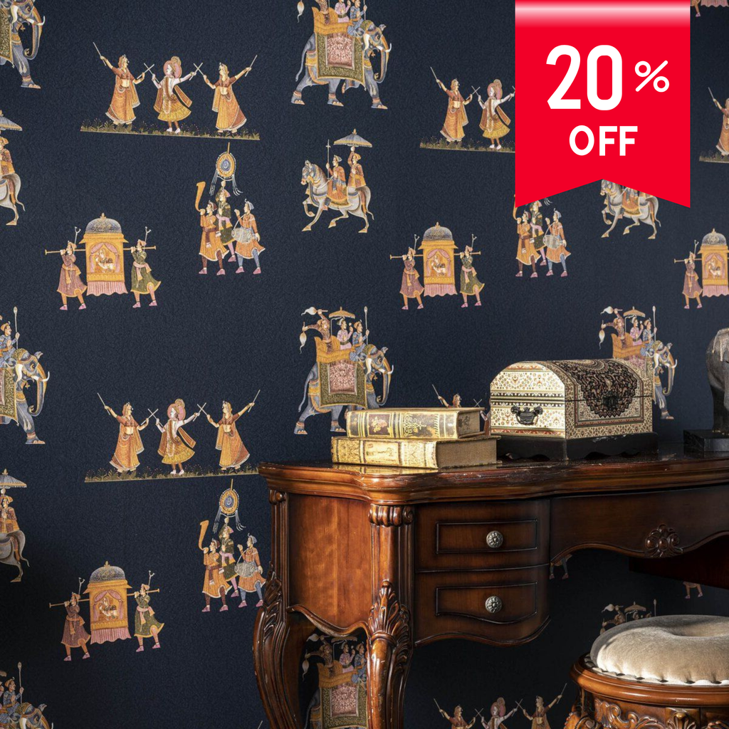 Decorative wallpaper with intricate designs and a wooden desk in the foreground, featuring a 20% off banner.