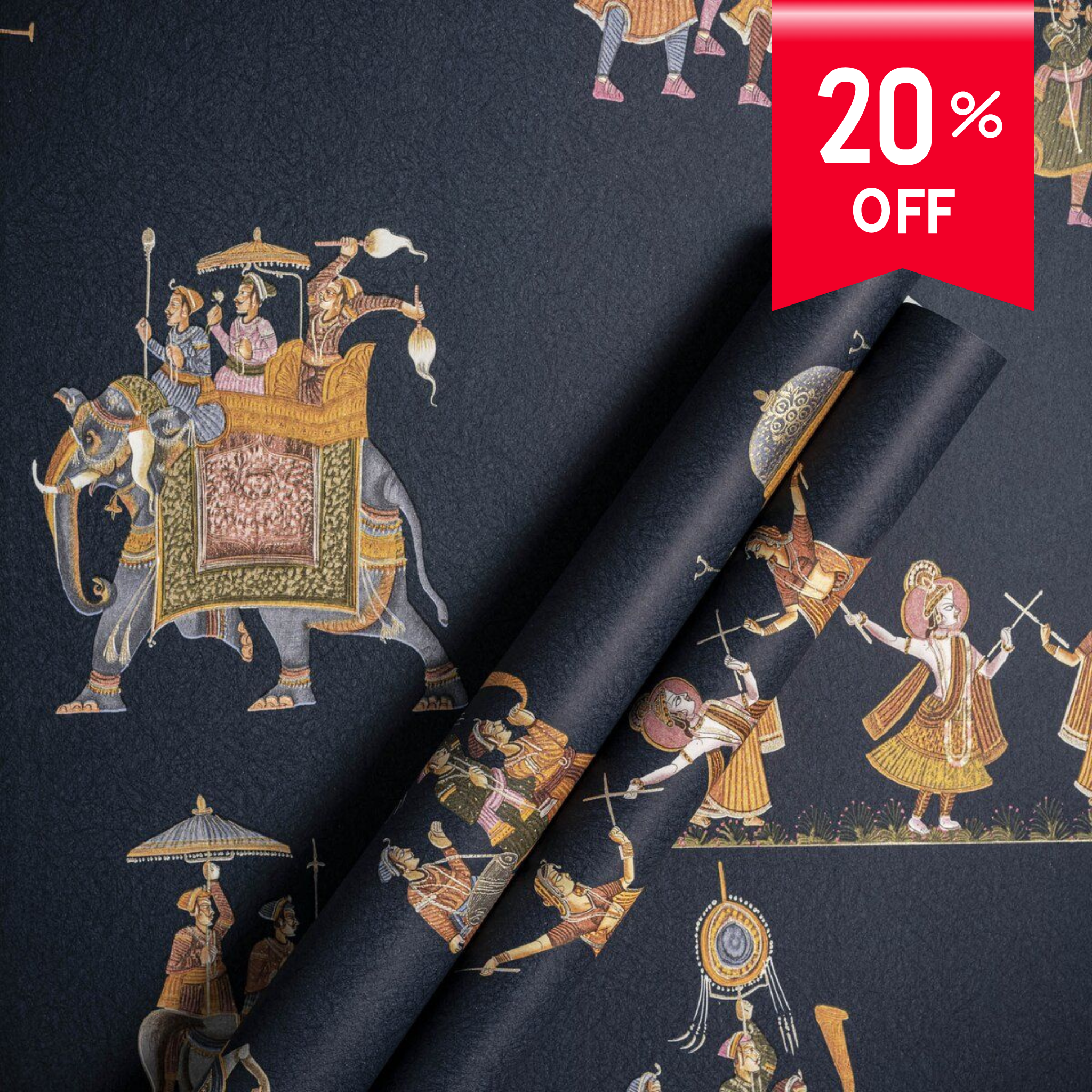 Roll of decorative paper with intricate designs and a 20% off label.