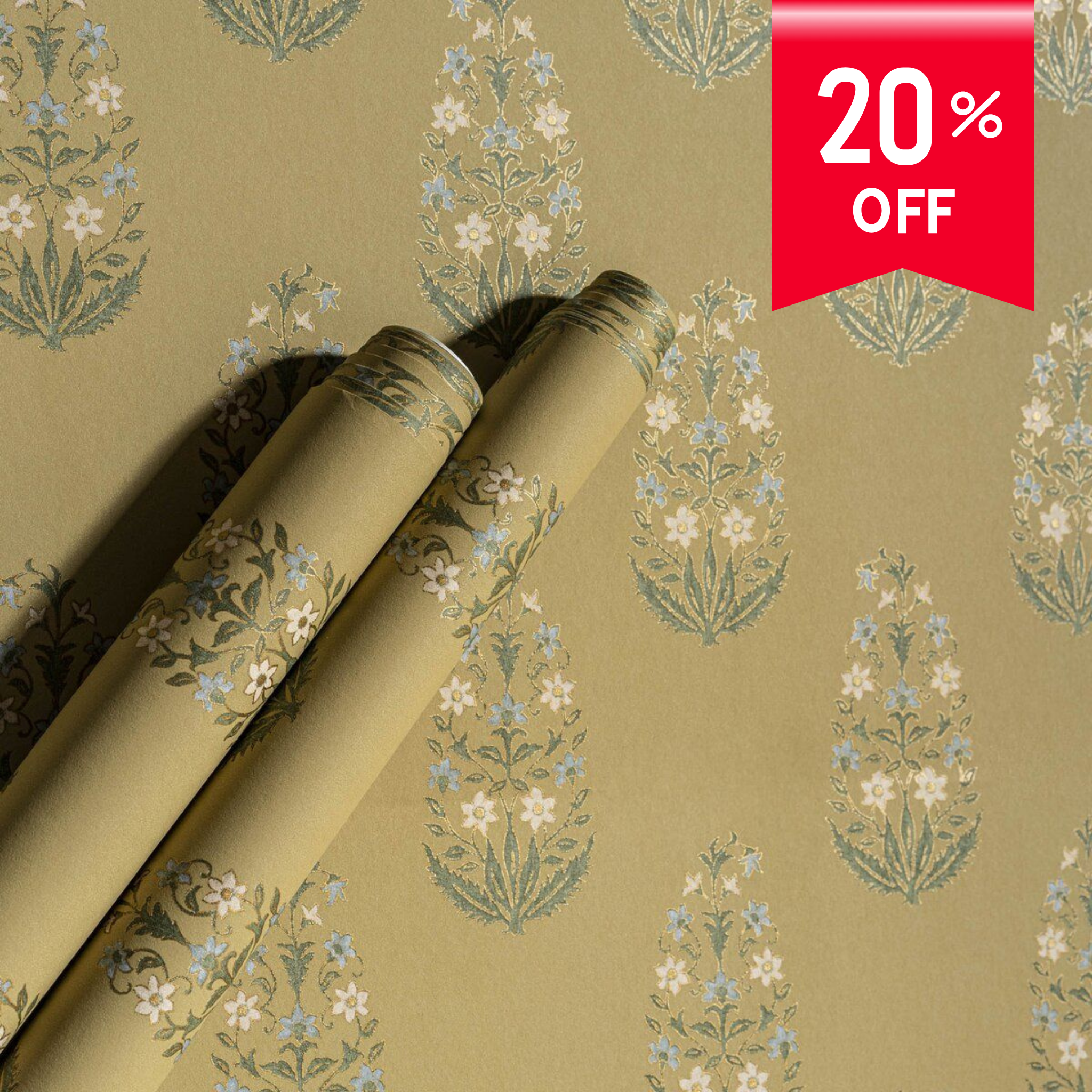 Roll of floral-patterned wallpaper with a 20% off label on a beige background