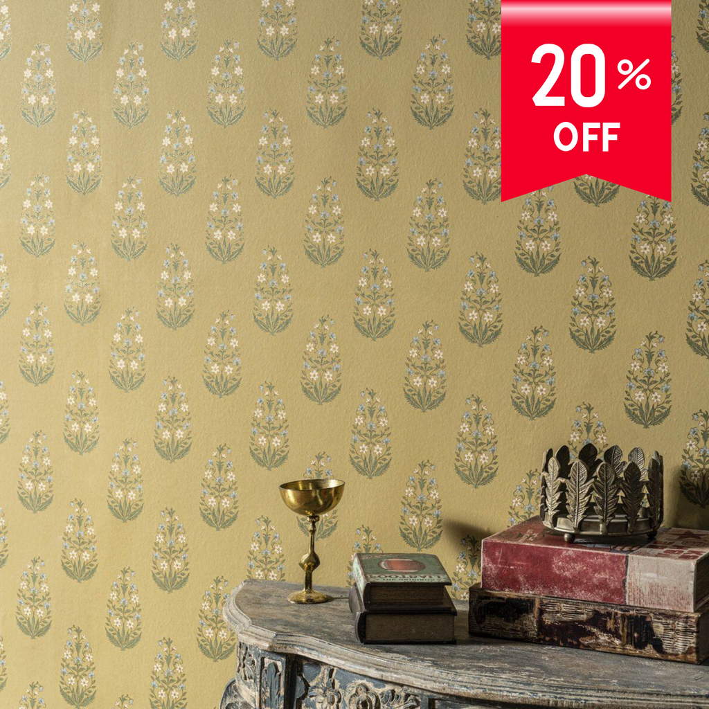 Decorative wallpaper with a floral pattern and a 20% off sale banner.