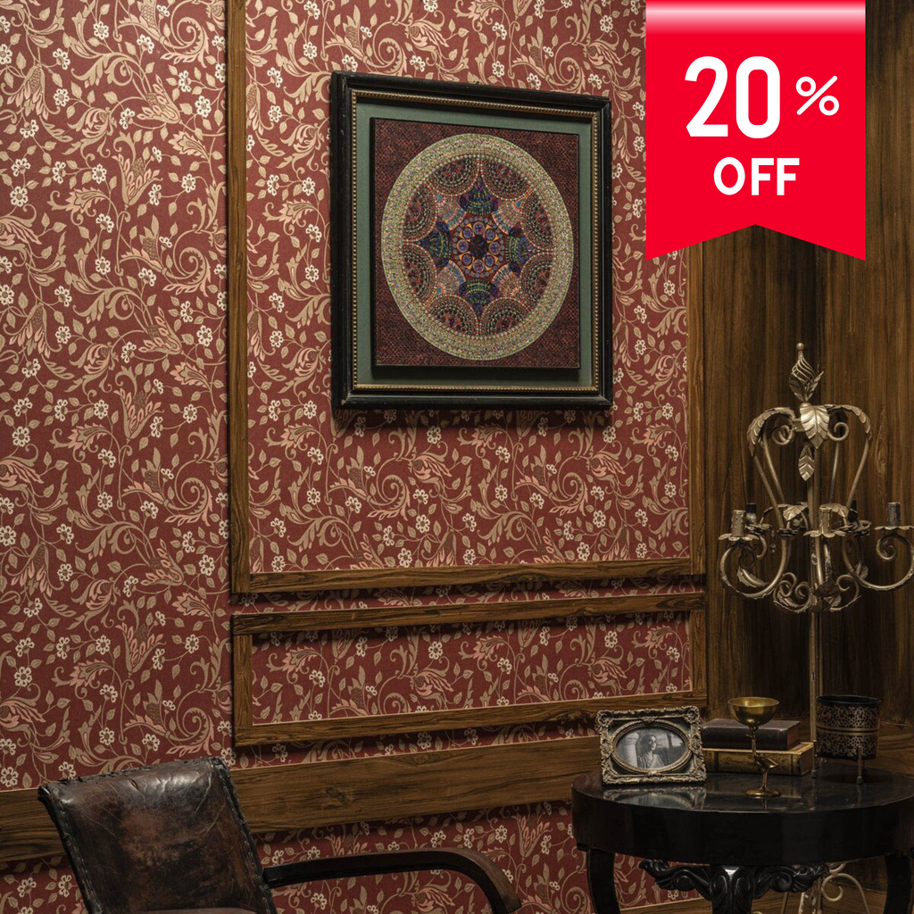 Decorative wall with intricate patterns, framed artwork, and a '20% OFF' sign.