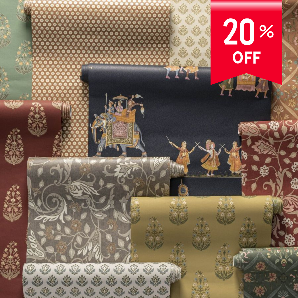 Collection of patterned wallpaper rolls with a 20% off label.